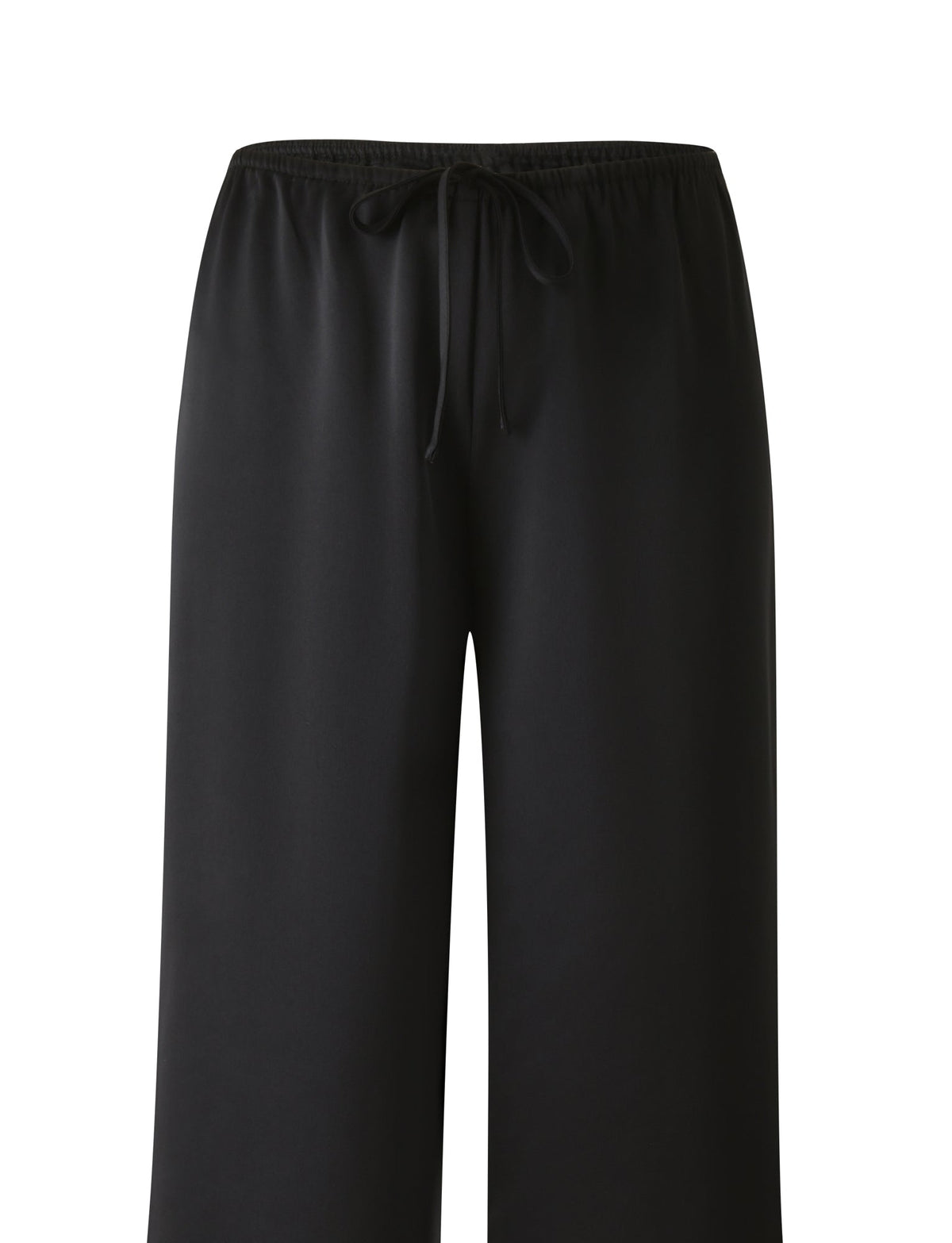MAURA PANT - BLACK: black wide-leg satin trousers with an elasticated, adjustable drawstring waistband.