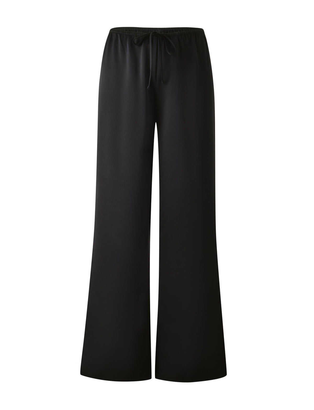 MAURA PANT - BLACK: black wide-leg satin pants with an elastic drawstring waist.