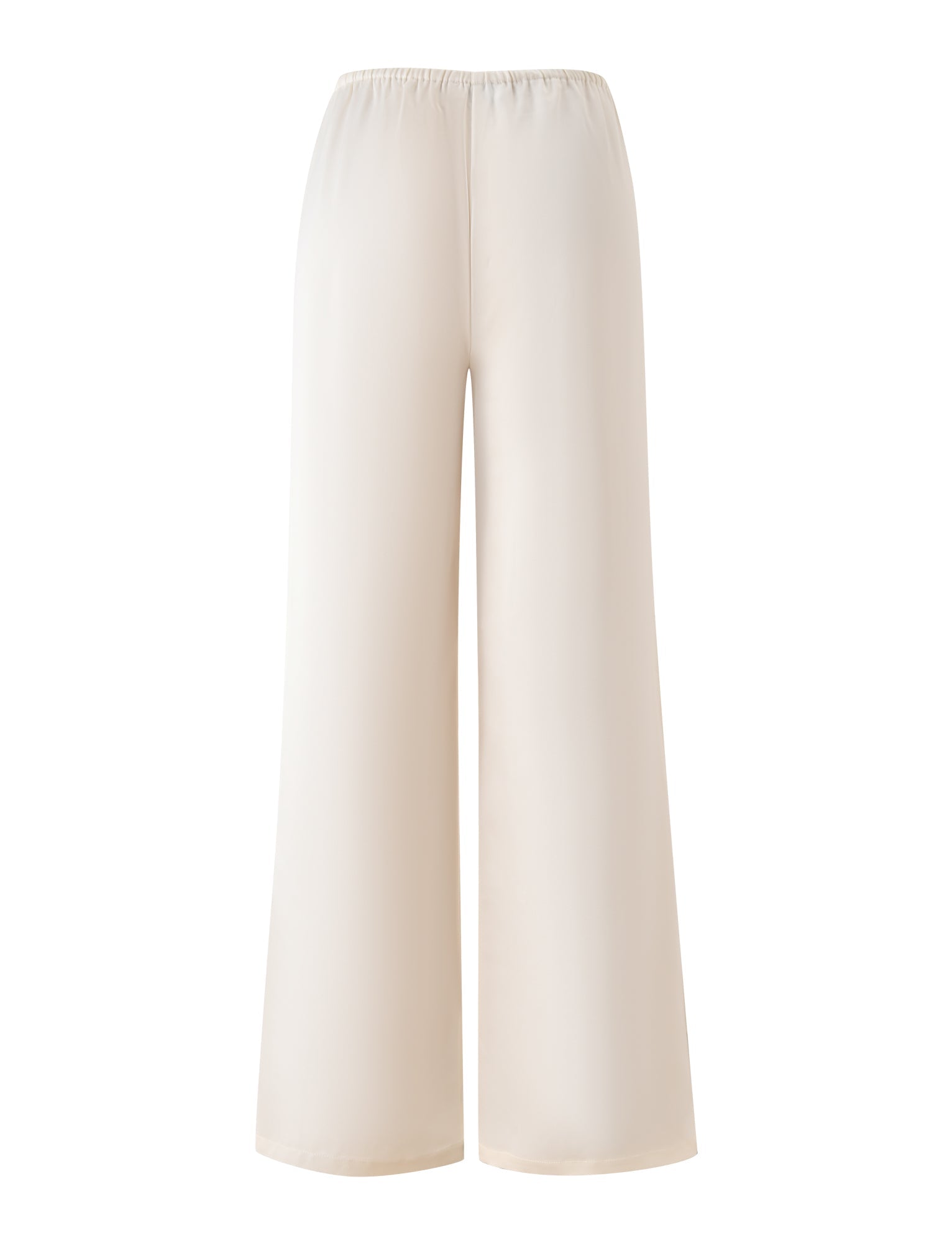 The MAURA PANT by TIGERMIST features a wide-leg, high-waisted silhouette in crisp white satin, designed with an elastic waistband and a sleek, pocket-free finish.