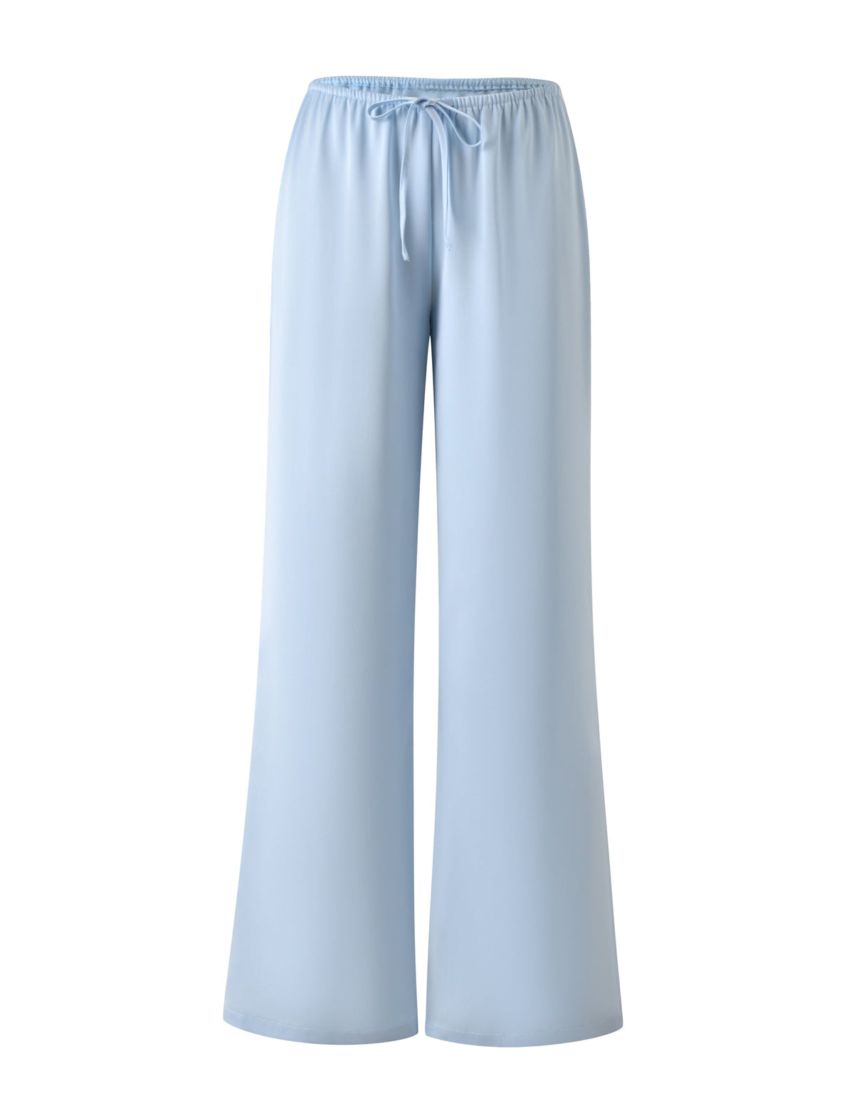 MAURA PANT - SKY by TIGERMIST: Sky blue wide leg satin pants with adjustable drawstring and elastic waist, shown on a white background.