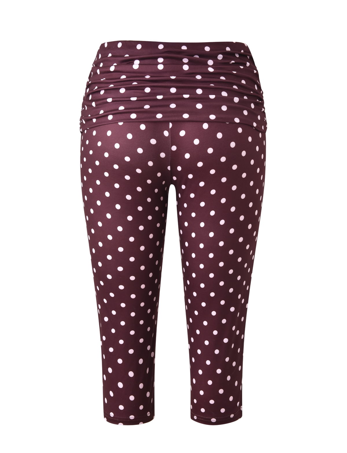 The TIGERMIST VALI POLKA DOT CAPRI in chocolate with pink dots features a high, ruched waistband and is shown from the back against a white background.