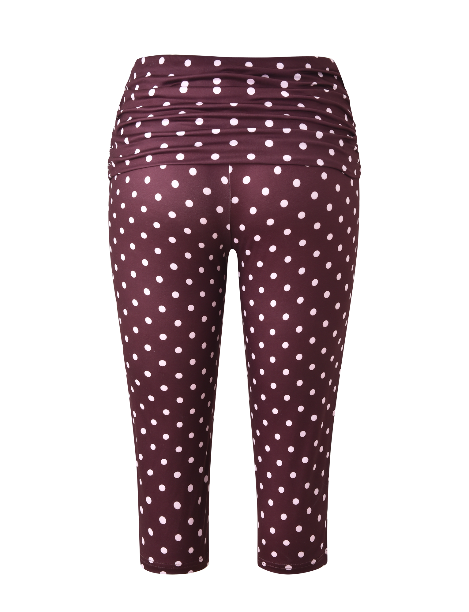 The TIGERMIST VALI POLKA DOT CAPRI in chocolate with pink dots features a high, ruched waistband and is shown from the back against a white background.