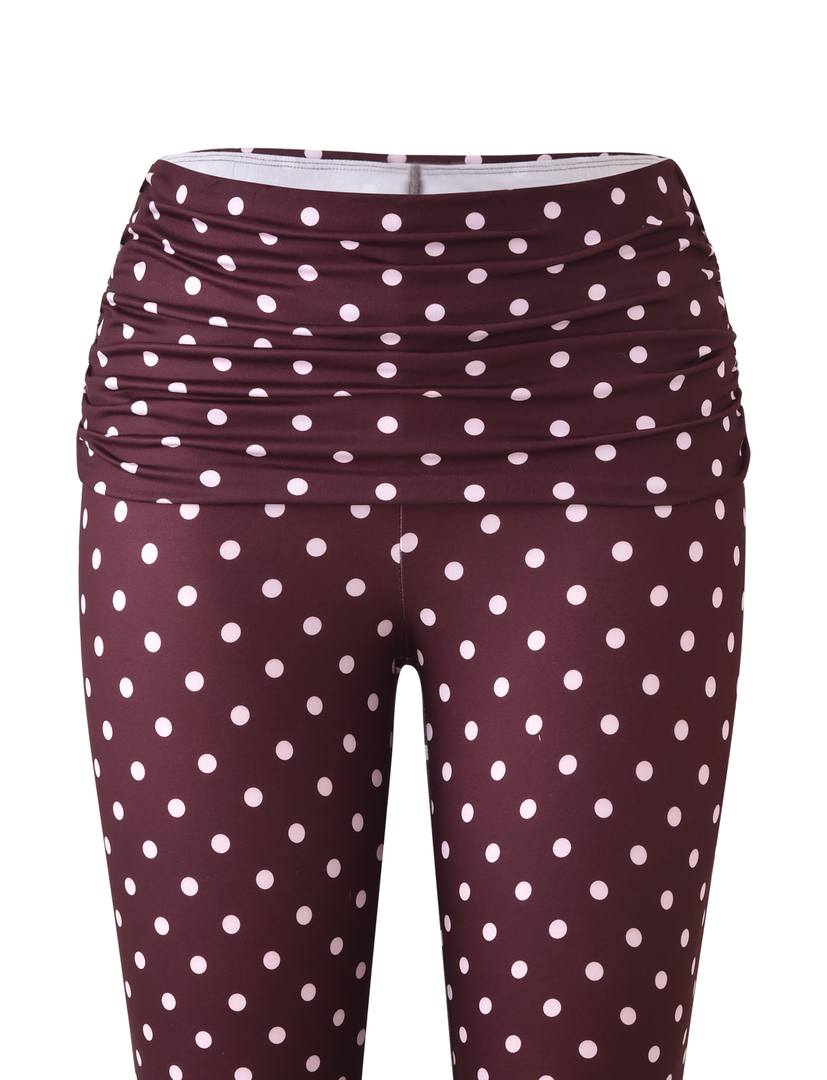 The TIGERMIST VALI POLKA DOT CAPRI in chocolate features pink polka dots and a ruched high waistband, showcased on a plain white background.
