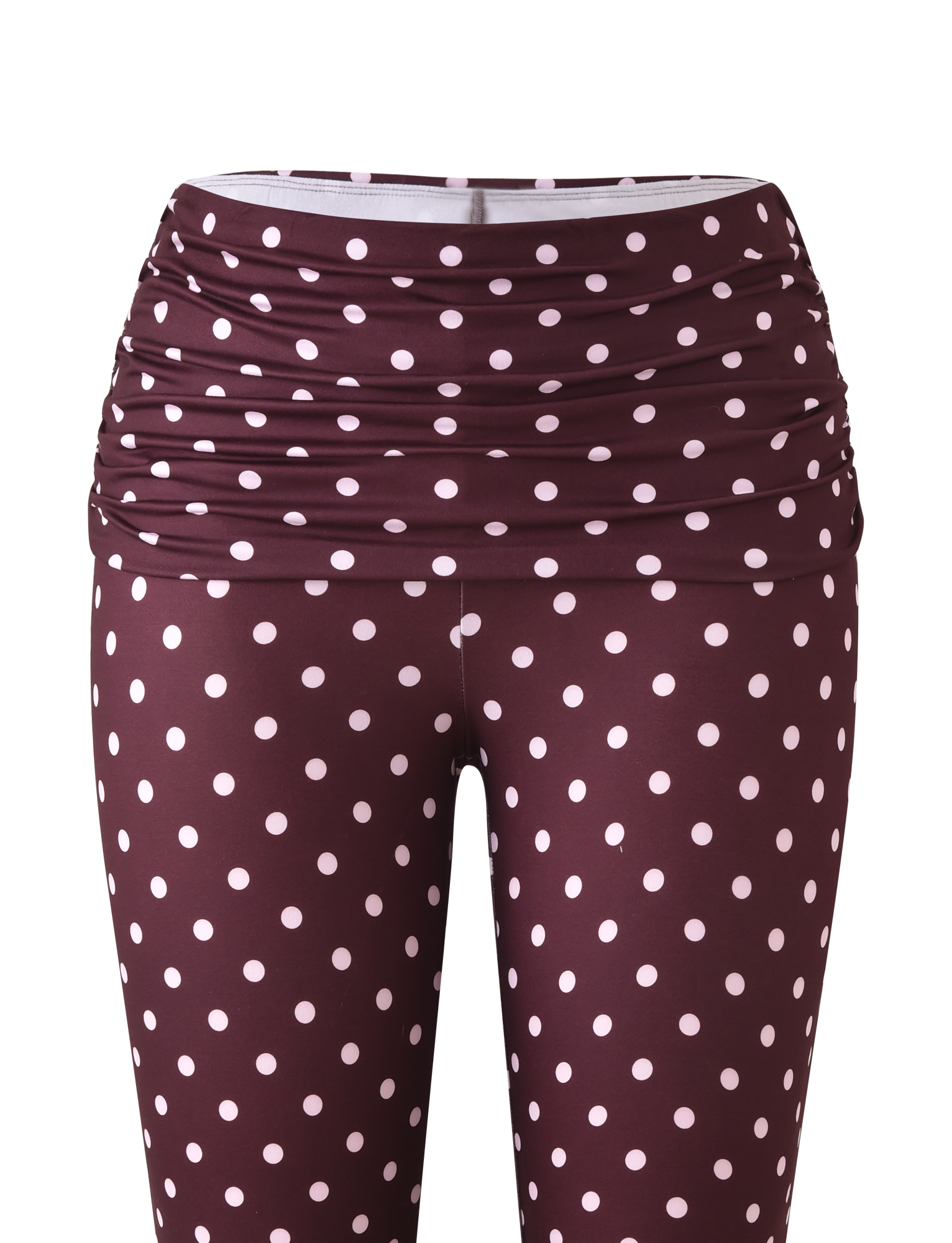 The TIGERMIST VALI POLKA DOT CAPRI in chocolate features pink polka dots and a ruched high waistband, showcased on a plain white background.
