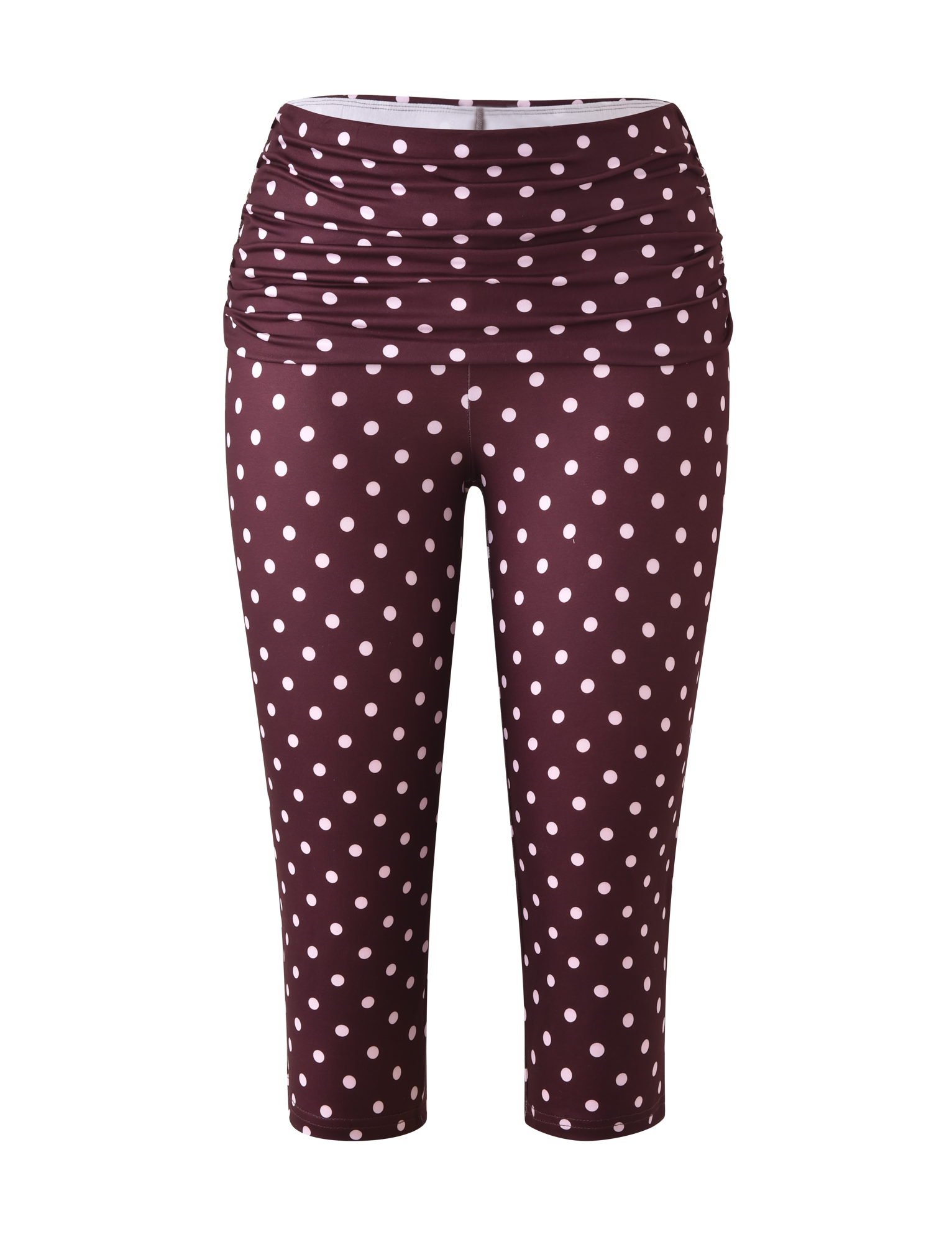 The TIGERMIST VALI POLKA DOT CAPRI in chocolate with pink dots features a ruched waistband and cropped fit, showcased on a plain white background.