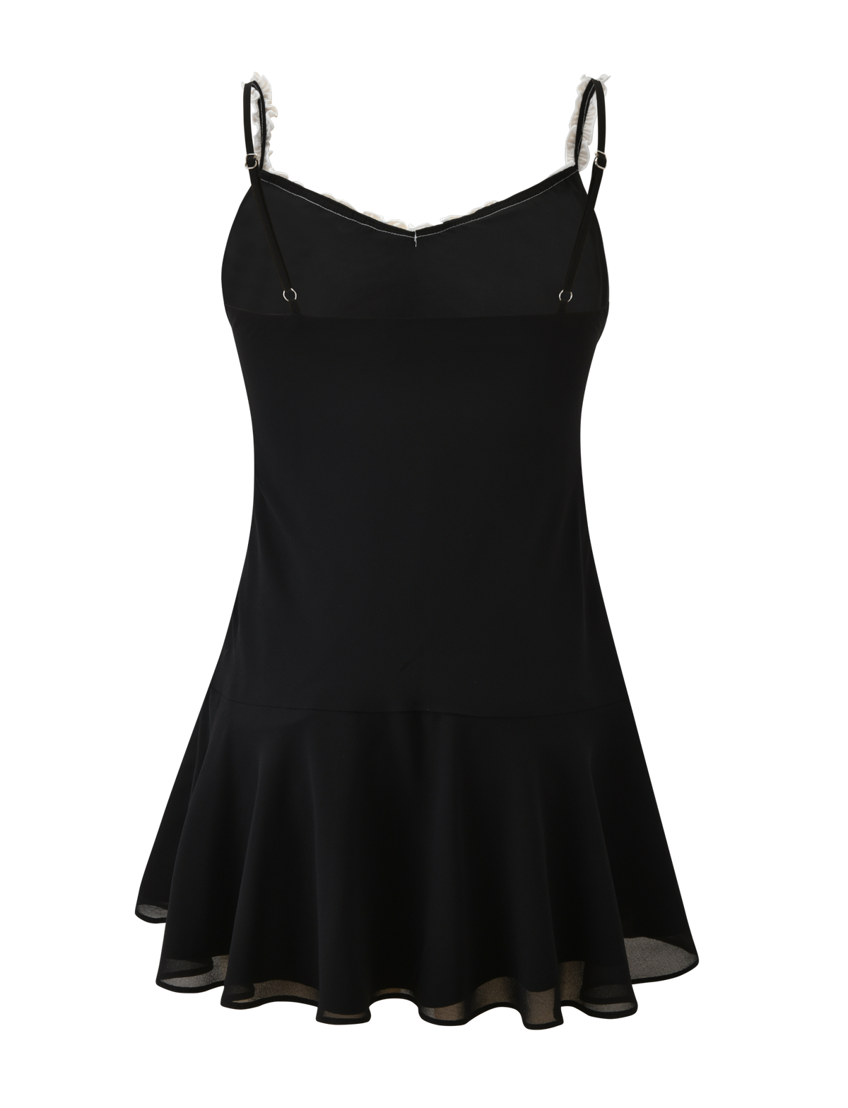 The ARIANNE MINI DRESS by TIGERMIST is a black mini dress with thin spaghetti straps, a fitted bodice, flared ruffled hem, and features subtle white lace trim on the straps and delicate ruffle trim along the hem.