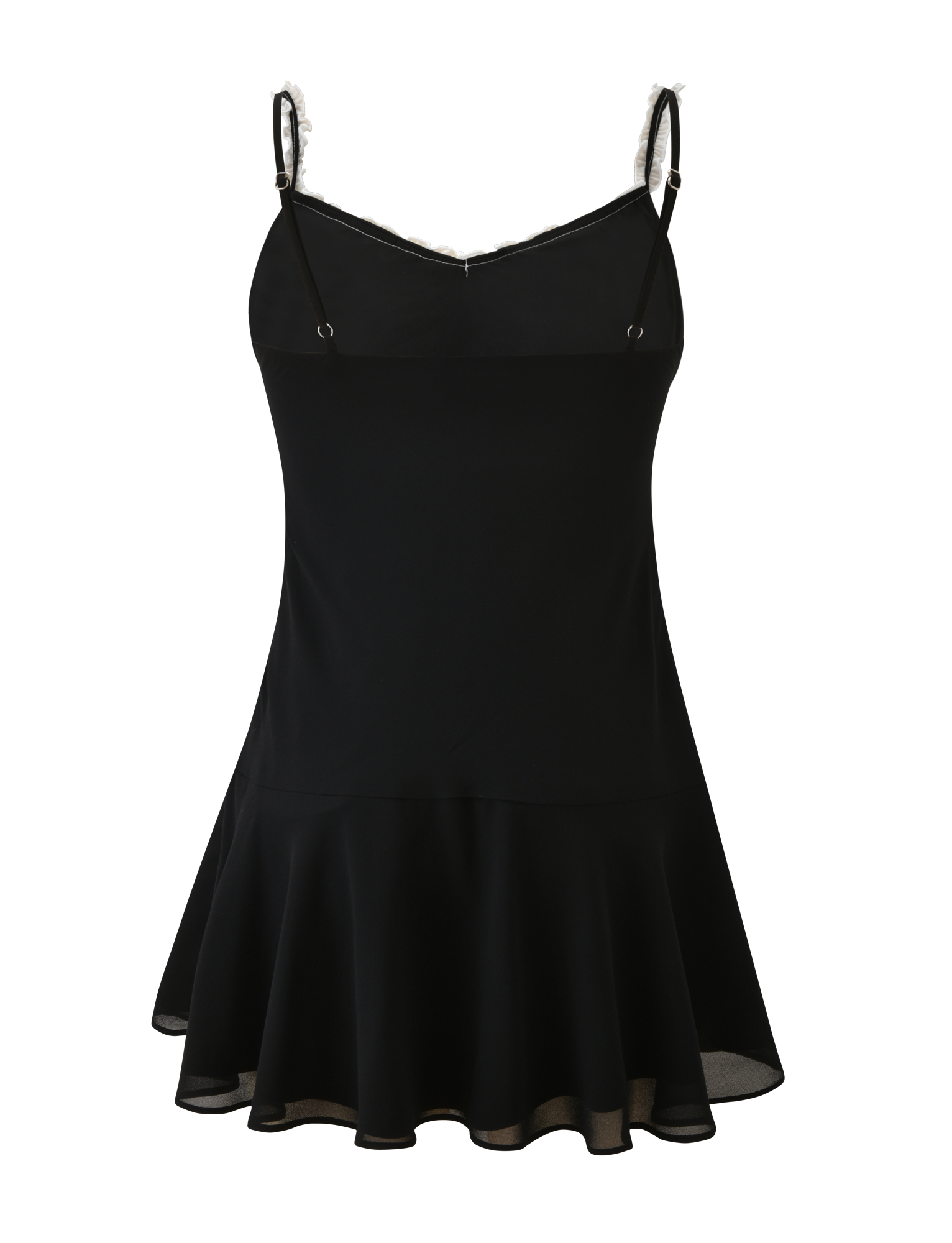 The ARIANNE MINI DRESS by TIGERMIST is a black mini dress with thin spaghetti straps, a fitted bodice, flared ruffled hem, and features subtle white lace trim on the straps and delicate ruffle trim along the hem.