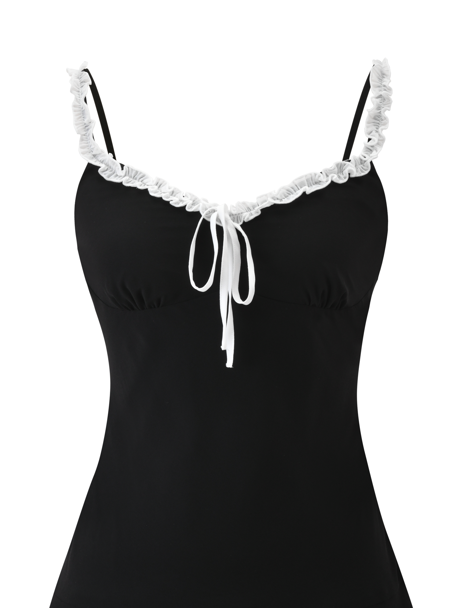 The ARIANNE MINI DRESS by TIGERMIST is a black mini dress featuring thin straps, ruffle trim on the sweetheart neckline, and a white tie bow at the center front.