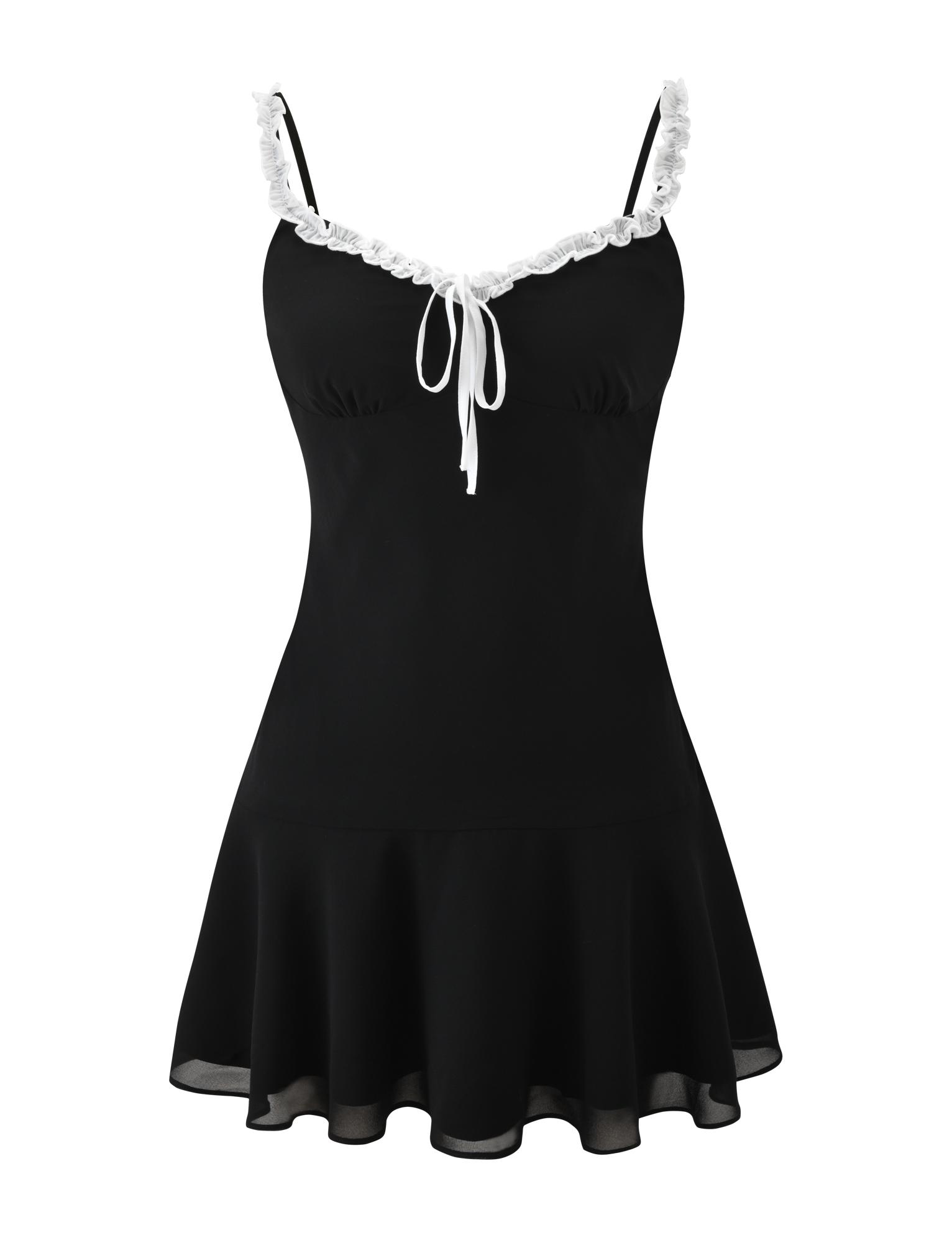The ARIANNE MINI DRESS - BLACK by TIGERMIST features a sleeveless design, flared skirt, thin straps, ruffle trim, and a bow accent on the sweetheart neckline.