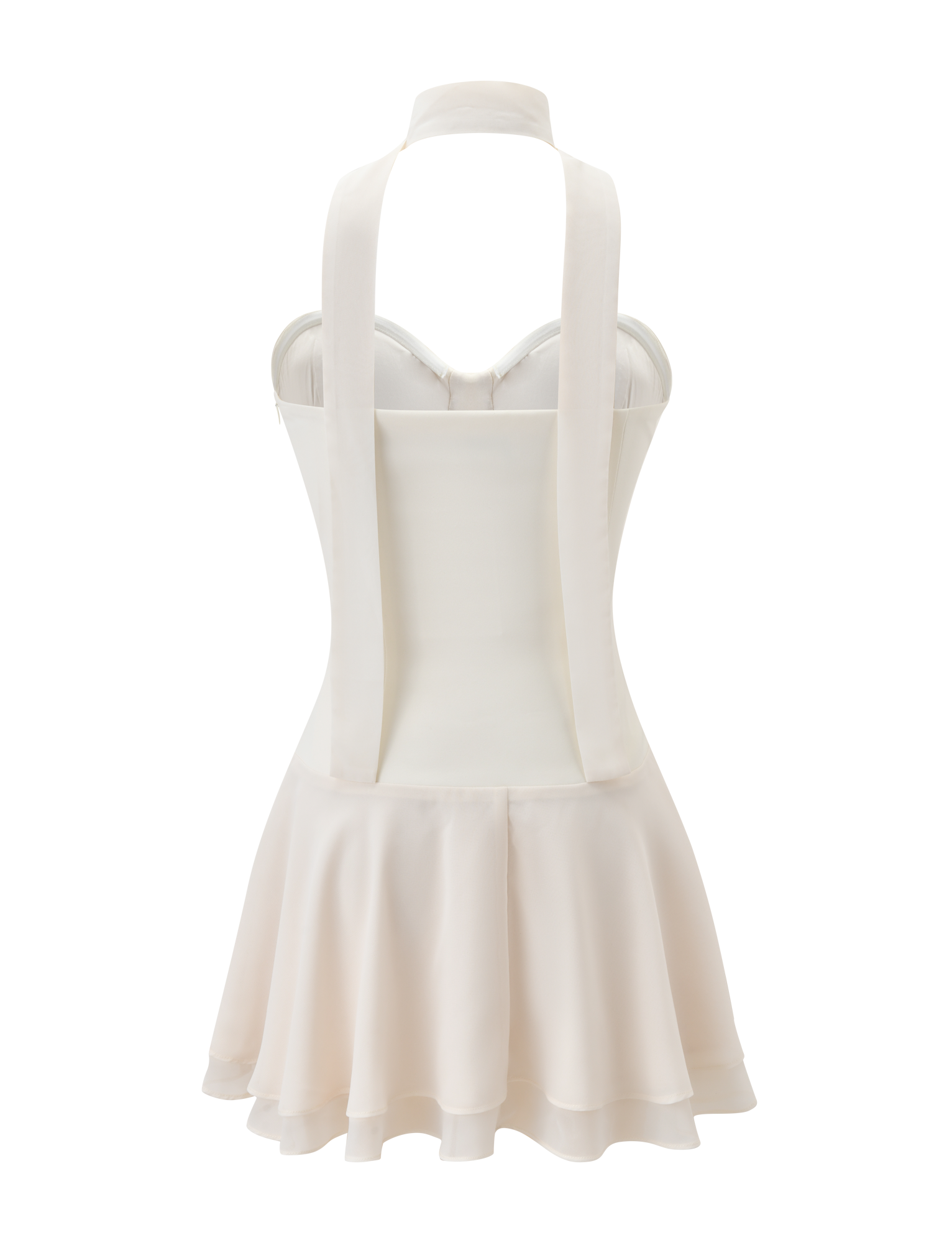 A back view of the TIGERMIST CORDELIE MINI DRESS in cream, featuring a sleeveless chiffon design, fitted corset bodice, long neck ties, flared ruffled skirt, zip closure, and a smooth elegant finish.