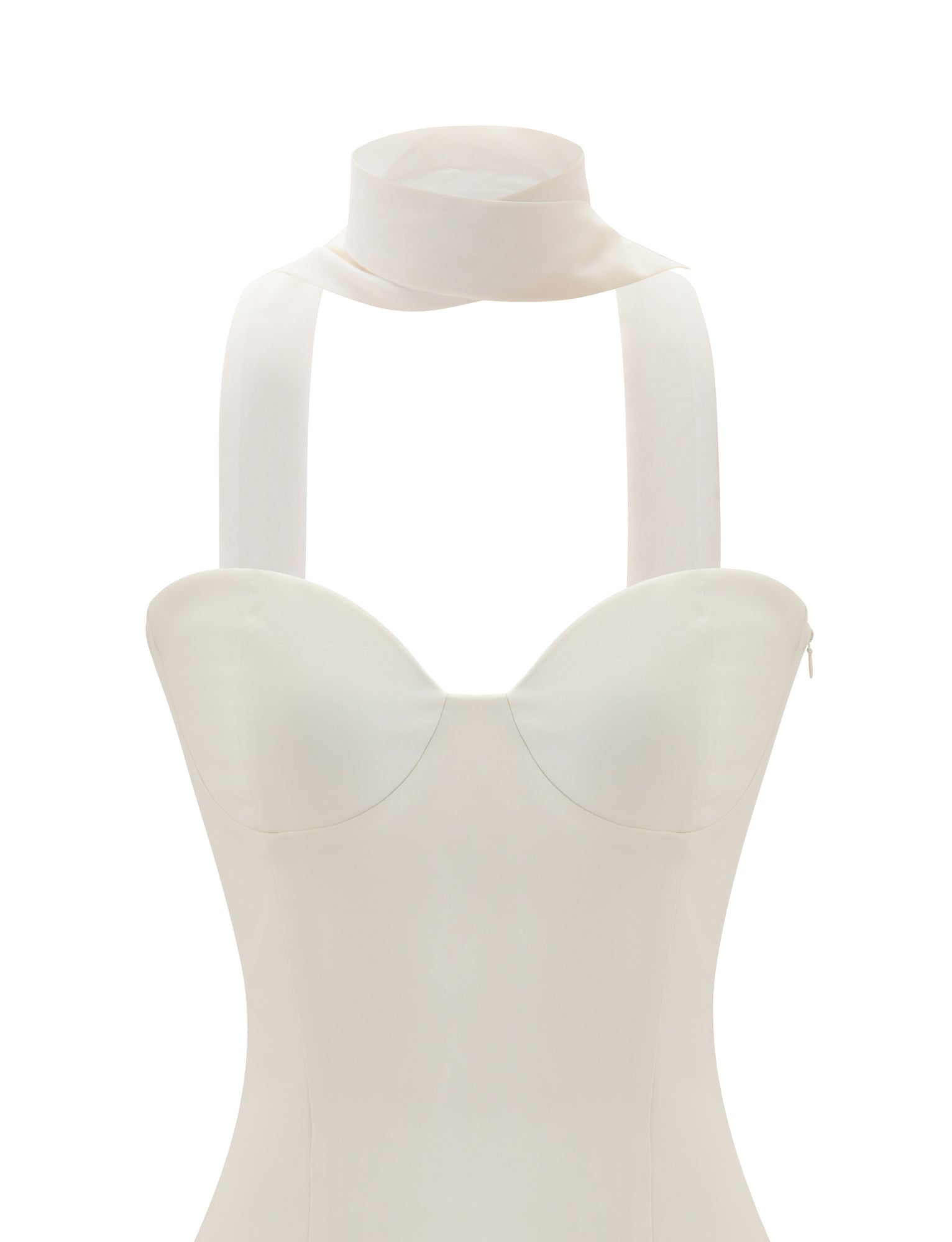 A close-up of the TIGERMIST CORDELIE MINI DRESS in cream, featuring a fitted corseted bodice, sweetheart neckline, and an attached sheer scarf elegantly draped around the neck for a modern look.