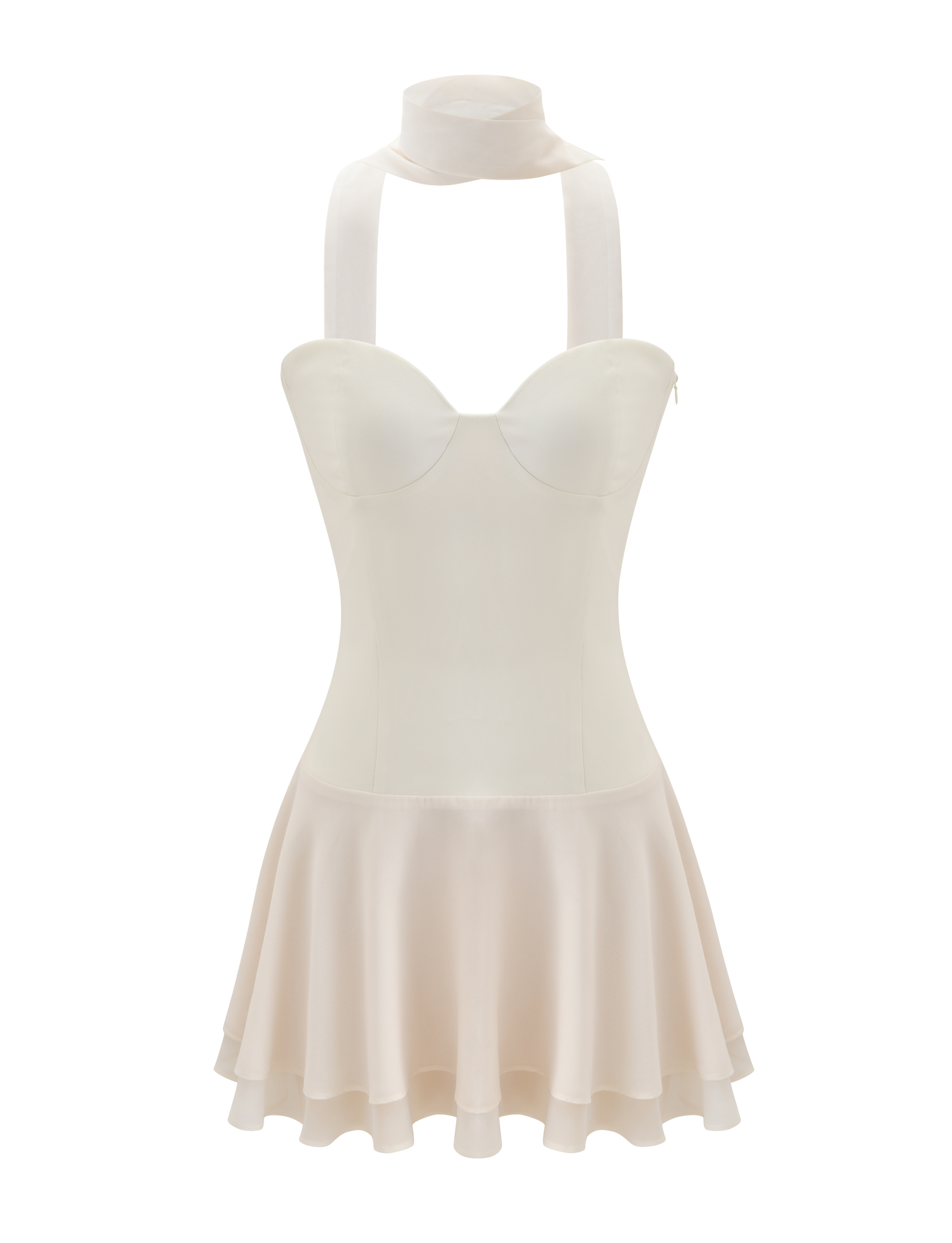 The CORDELIE MINI DRESS by TIGERMIST is a cream, sleeveless chiffon mini dress featuring a corseted bodice, flared skirt, and a matching sheer scarf draped around the neck, shown on a plain white background.