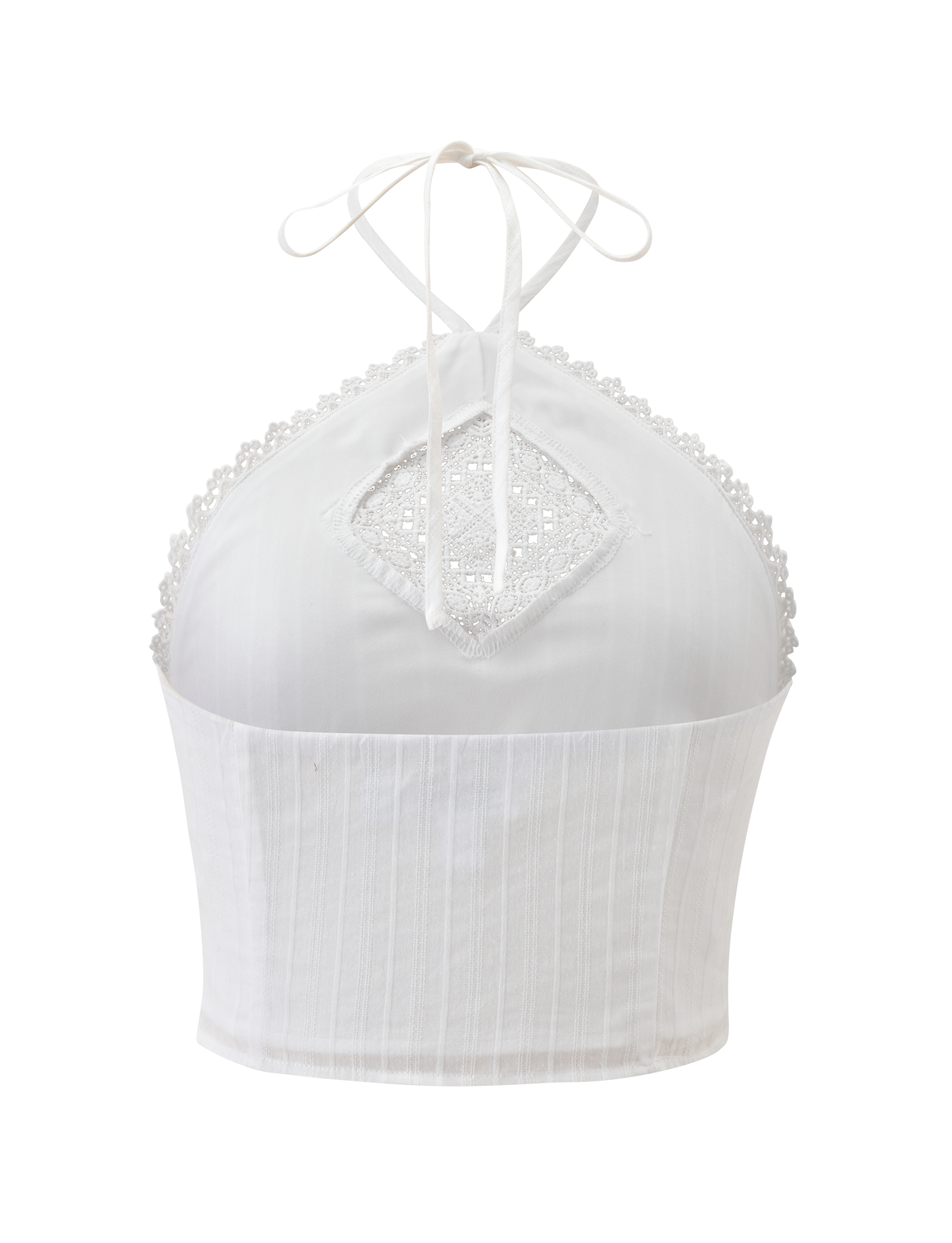 TIGERMIST LILETH TOP in white features a halter neck with a lace diamond cutout, scallop eyelet trim, vertical stripes on textured woven fabric, and thin tie straps at the neck.