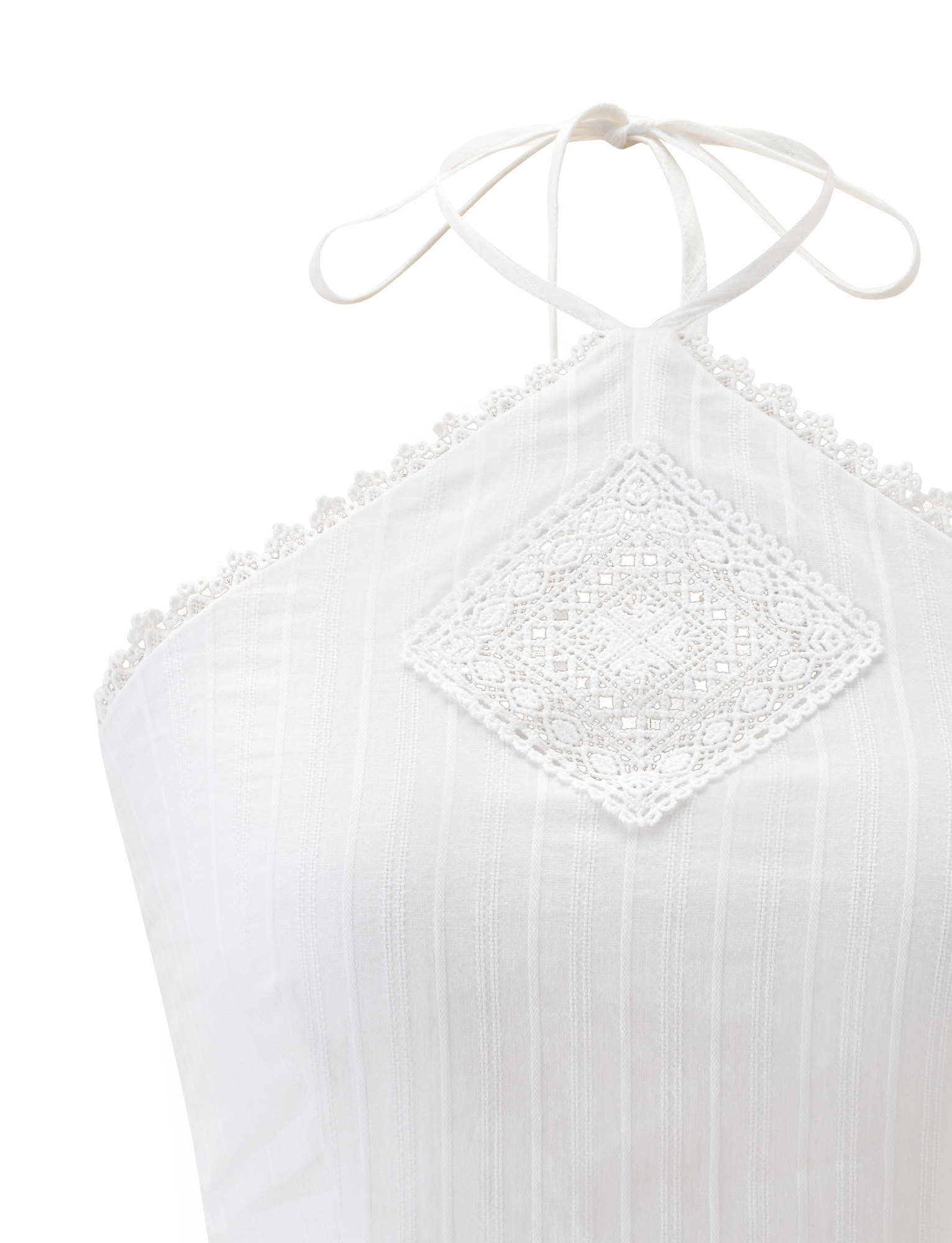 A close-up of the TIGERMIST LILETH TOP in white, showcasing a halter neck with a lace diamond pattern center and scallop eyelet trims on the neckline. The textured woven fabric has subtle vertical stripes.