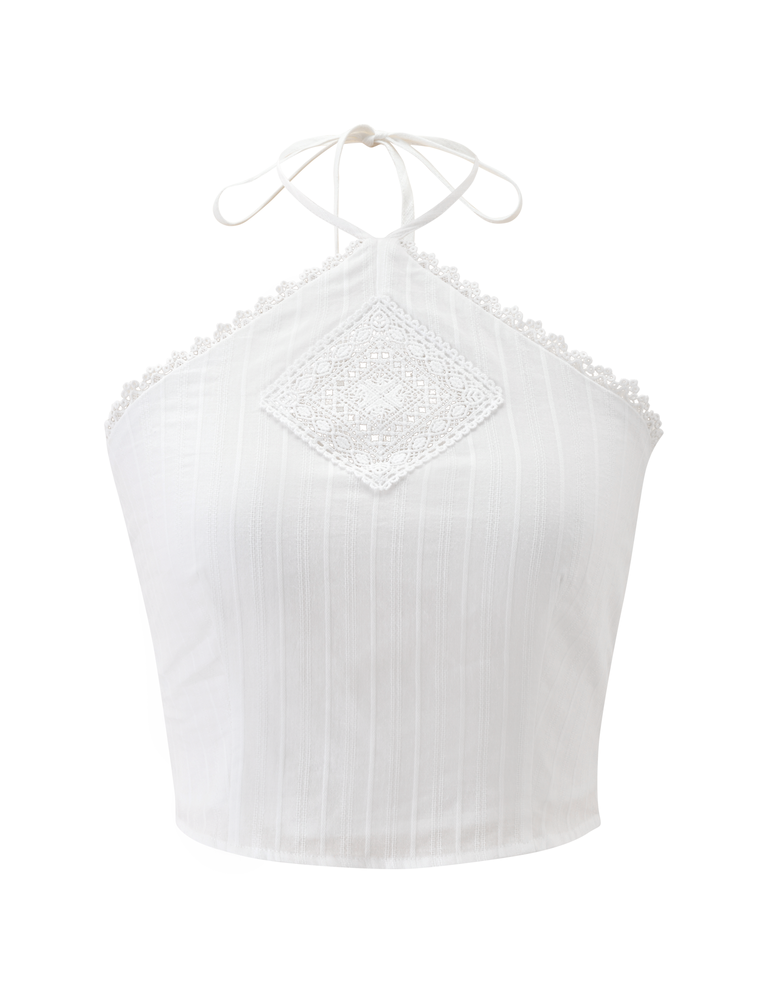The LILETH TOP - WHITE by TIGERMIST is a white halter neck crop top made from textured woven fabric with a lace diamond detail at the center and scallop eyelet trims along the neckline.