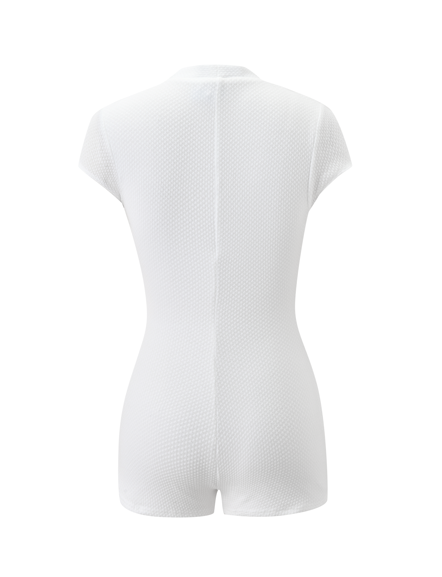 A back view of the HILSIE PLAYSUIT by TIGERMIST, a fitted white waffle knit romper with short sleeves and legs, shown on a plain white background.