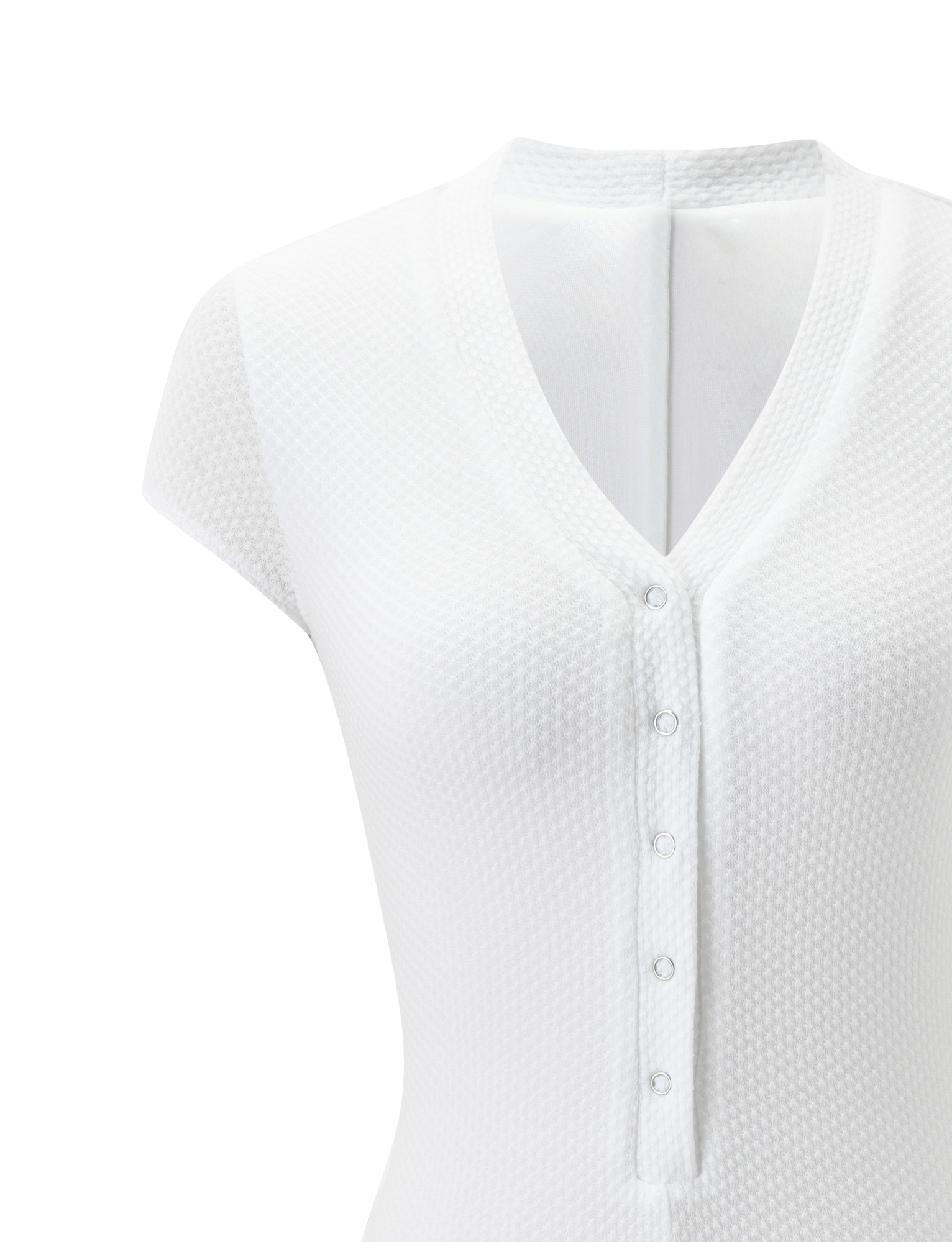 Close-up of the TIGERMIST HILSIE PLAYSUIT in white, featuring a textured short-sleeve design, V-neck, and five front buttons, displayed on a plain background.