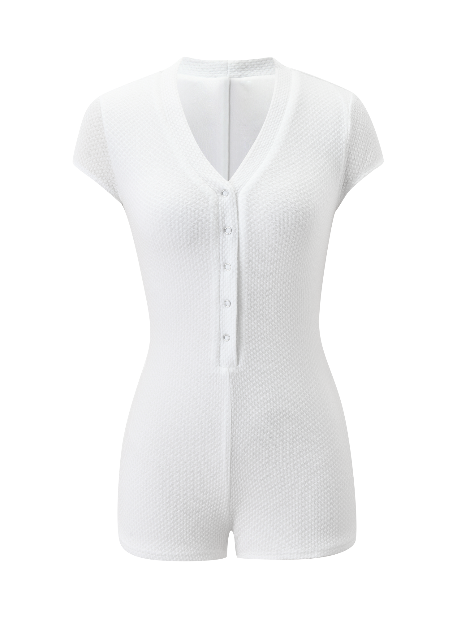 The HILSIE PLAYSUIT by TIGERMIST is a white, short-sleeve waffle knit romper featuring a V-neckline and button-down front, shown on a plain white background.