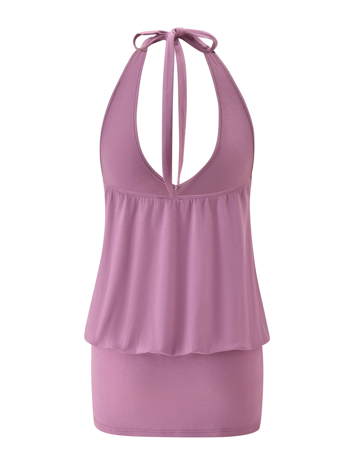 Brand: TIGERMIST Product Name: ANALEE SKORT MINI DRESS - PLUM Rewritten sentence: The ANALEE SKORT MINI DRESS by TIGERMIST features a sleeveless, plum halter neckline tied at the neck, with a deep V-cut, a loose blouson-inspired upper section, and a fitted mini skort silhouette.