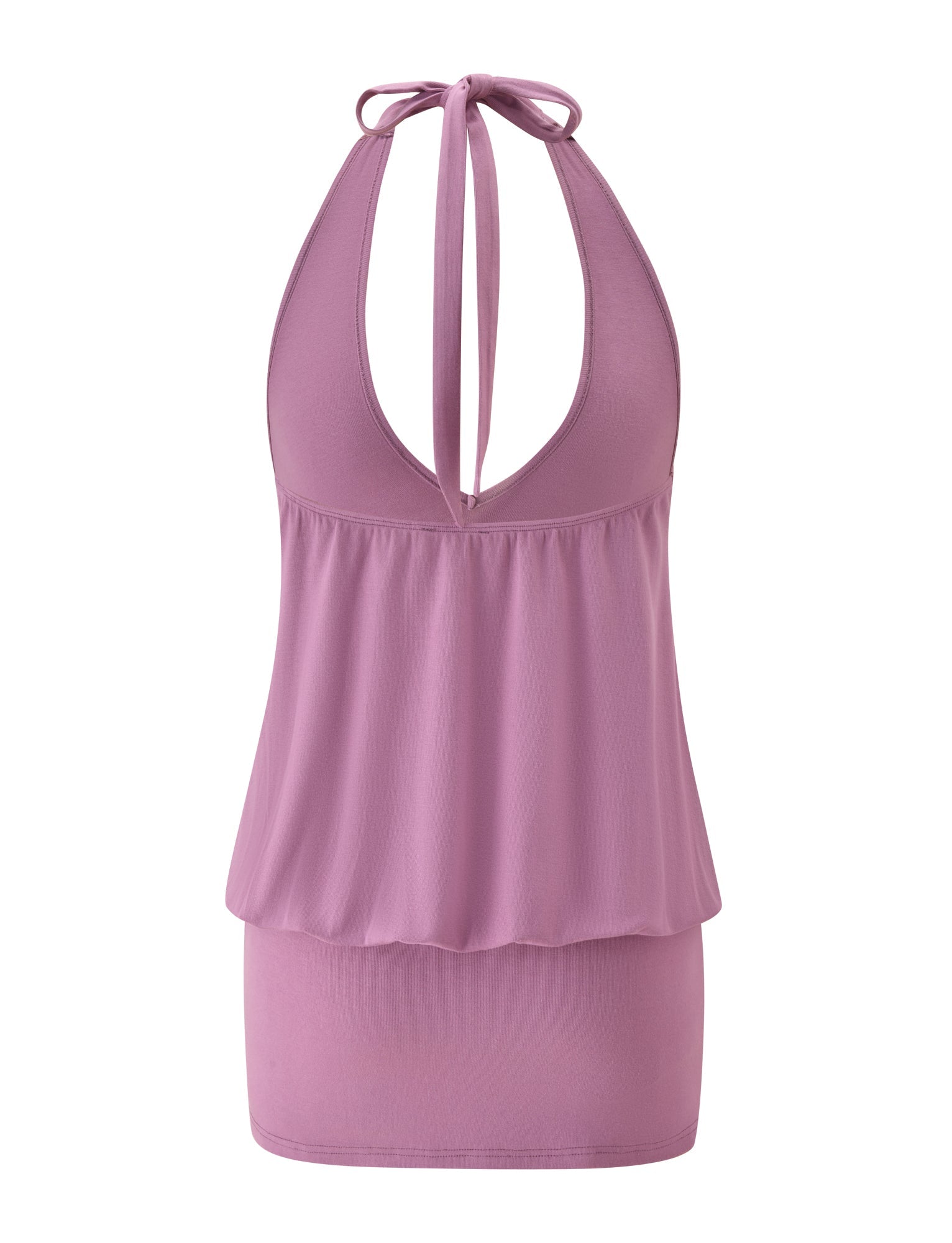 Brand: TIGERMIST Product Name: ANALEE SKORT MINI DRESS - PLUM Rewritten sentence: The ANALEE SKORT MINI DRESS by TIGERMIST features a sleeveless, plum halter neckline tied at the neck, with a deep V-cut, a loose blouson-inspired upper section, and a fitted mini skort silhouette.