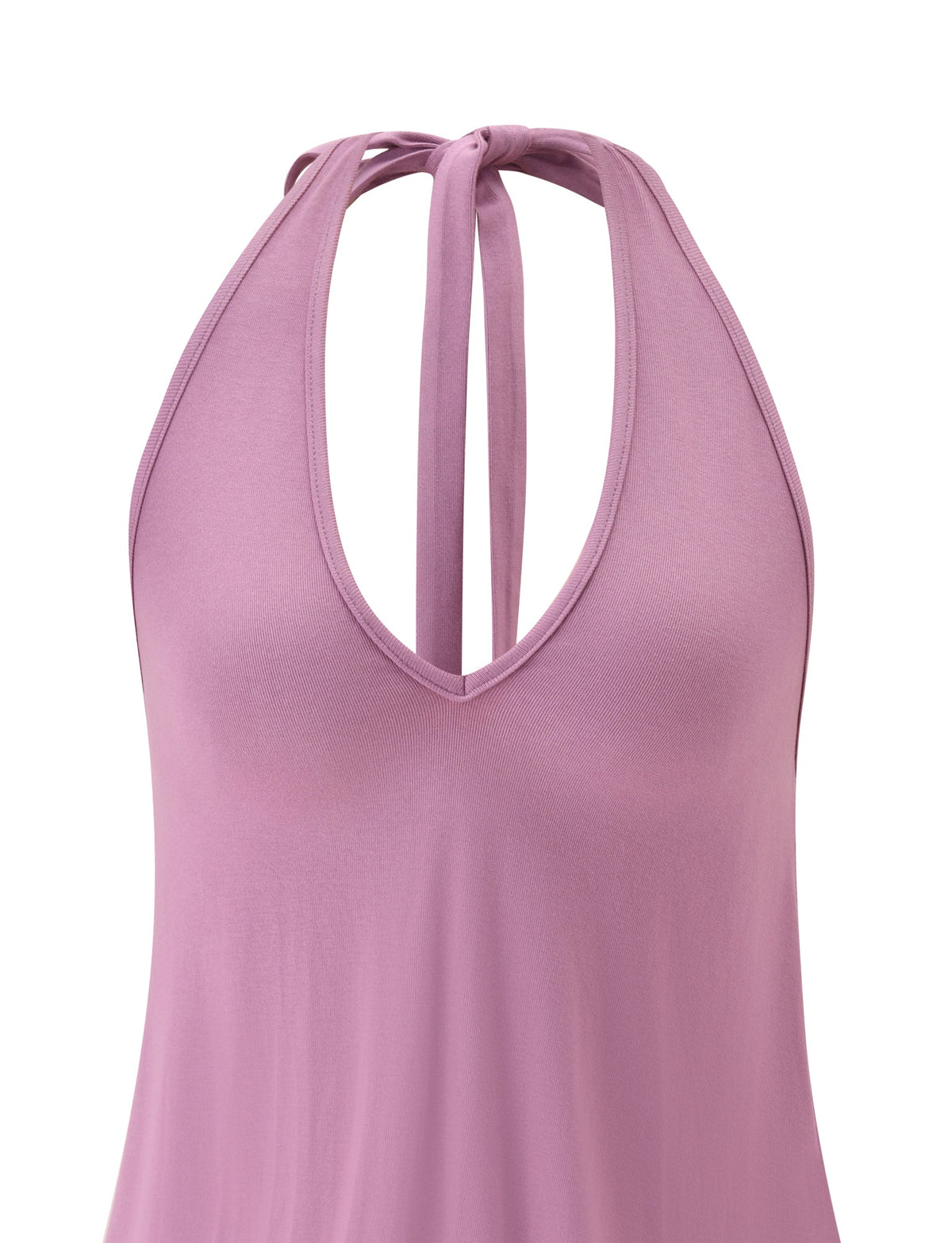 Inspired by the elegant lines of TIGERMIST's ANALEE SKORT MINI DRESS in plum, this sleeveless light purple halter top features a deep V-neck and two straps that tie at the back of the neck.