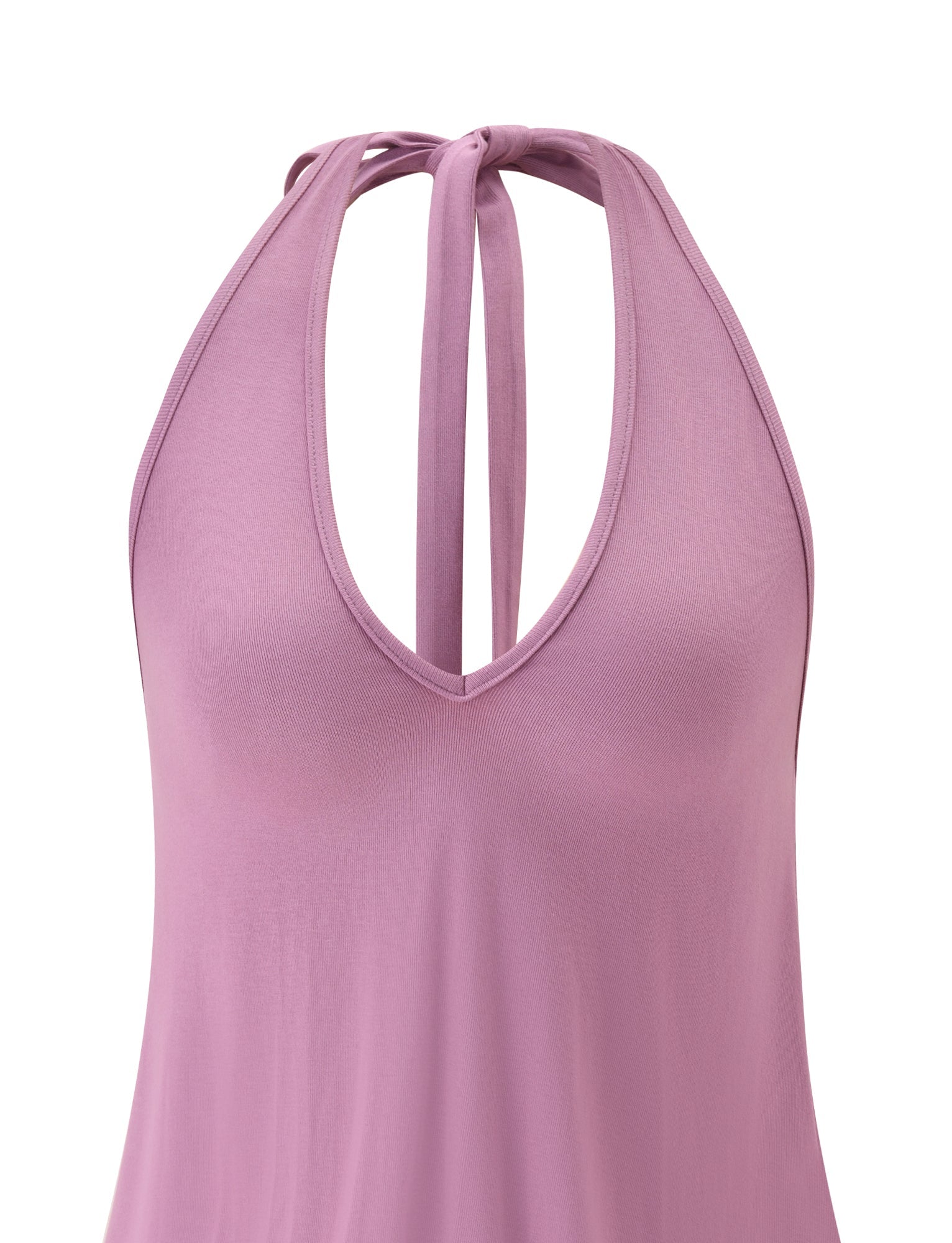 Inspired by the elegant lines of TIGERMIST's ANALEE SKORT MINI DRESS in plum, this sleeveless light purple halter top features a deep V-neck and two straps that tie at the back of the neck.