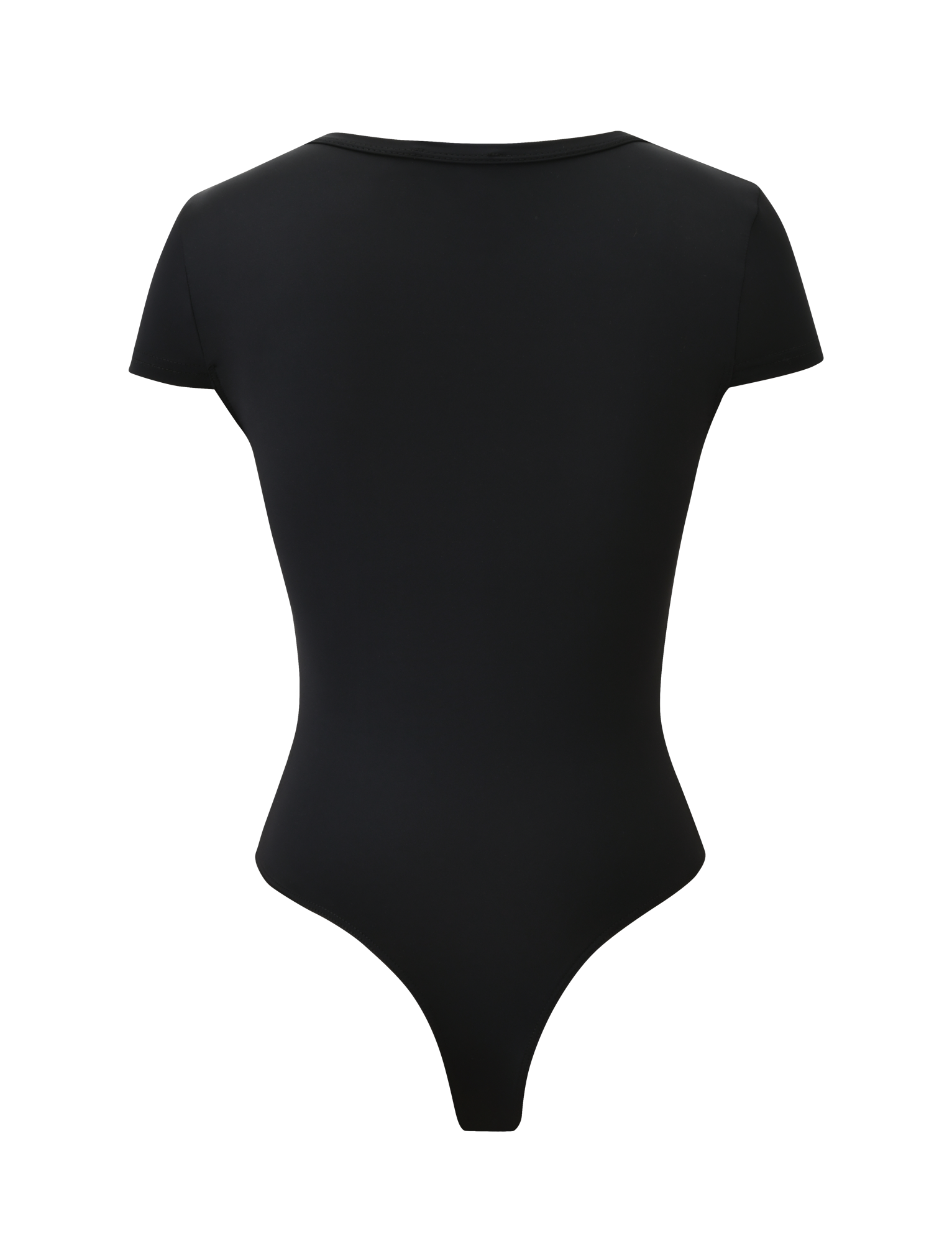 The JAXX BODYSUIT - BLACK by TIGERMIST features short sleeves, a high neckline, and a thong-back design, displayed from the back against a plain white background.