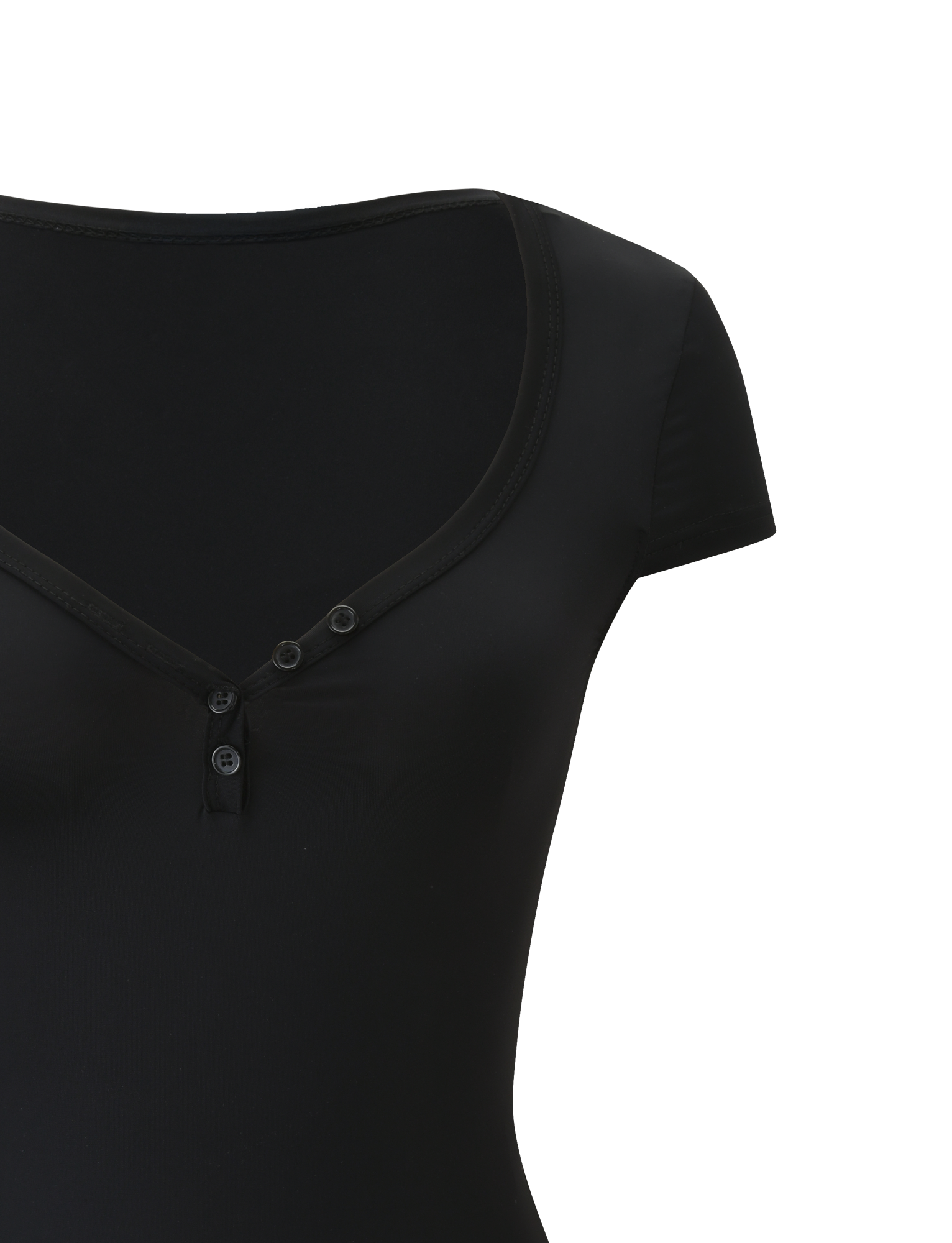 Close-up of the TIGERMIST JAXX BODYSUIT in black, featuring short sleeves, a V-neck, and three buttons on the neckline. Only the upper part is shown against a plain white background.