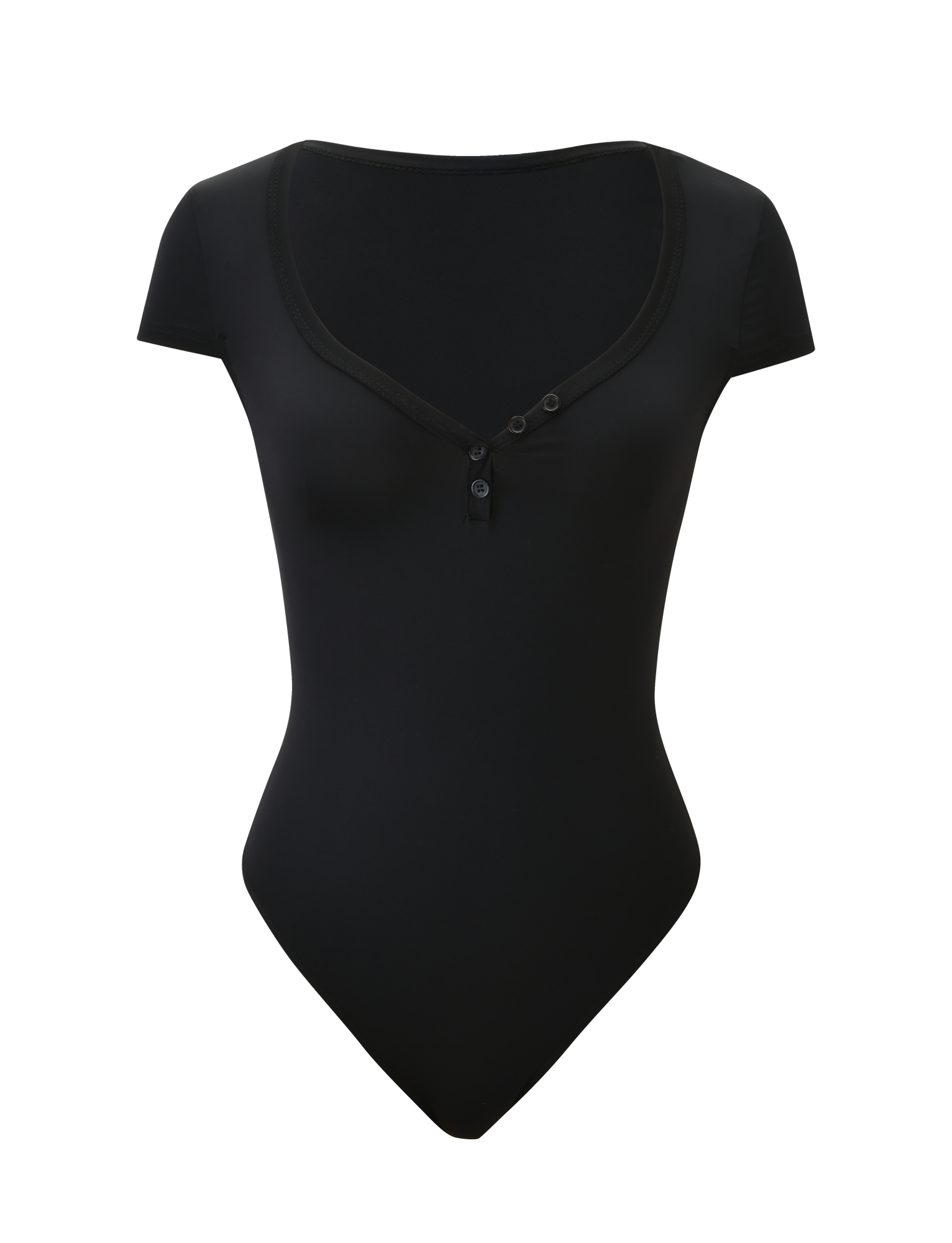 The TIGERMIST JAXX BODYSUIT - BLACK is a black short sleeve thong-back bodysuit with a scooped neckline and three front buttons, shown against a plain white background.