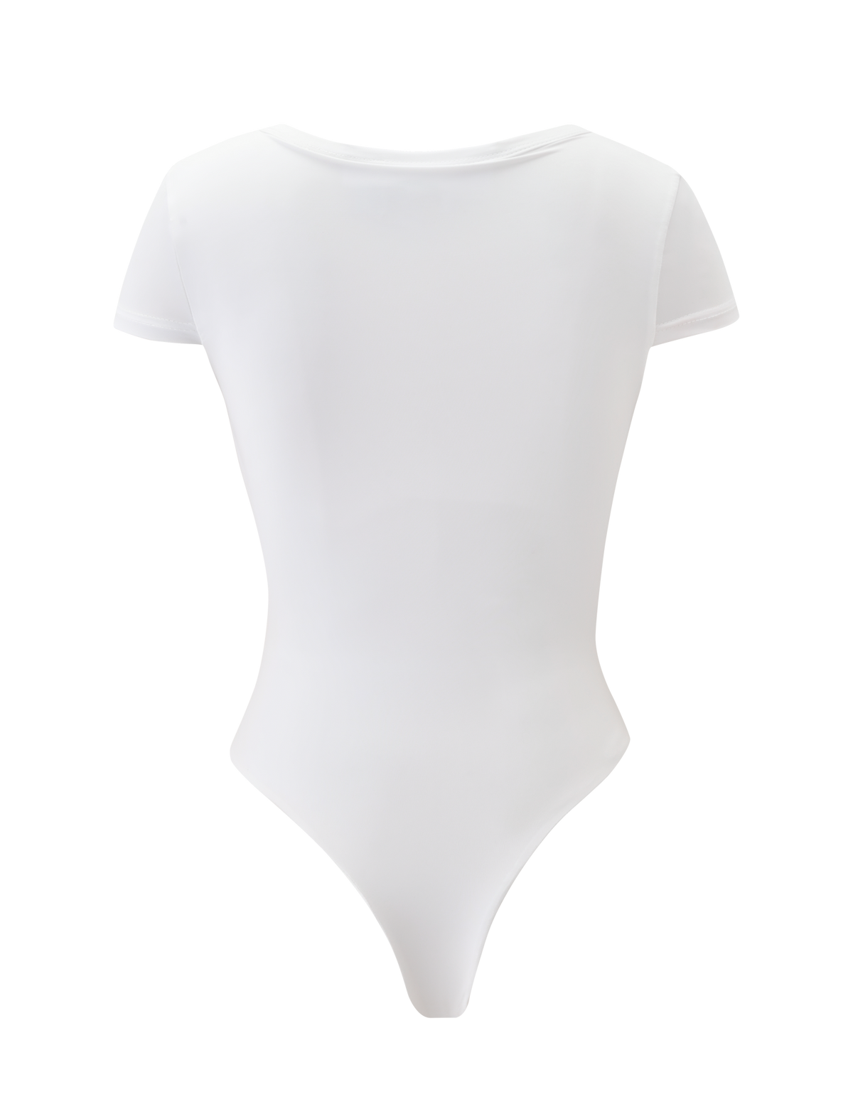 Back view of the TIGERMIST JAXX BODYSUIT in white, showcasing short sleeves, a round neckline, and a thong-back design against a white background.
