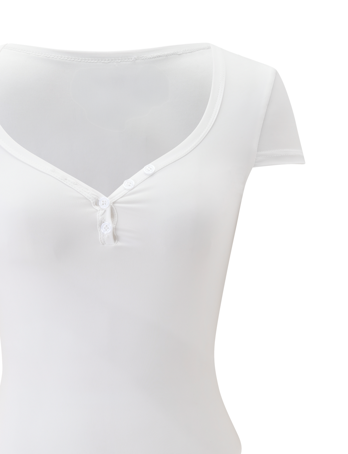 A close-up of the TIGERMIST JAXX BODYSUIT in white, showcasing short sleeves, a deep scoop neckline with three white buttons, displayed on a plain white background.