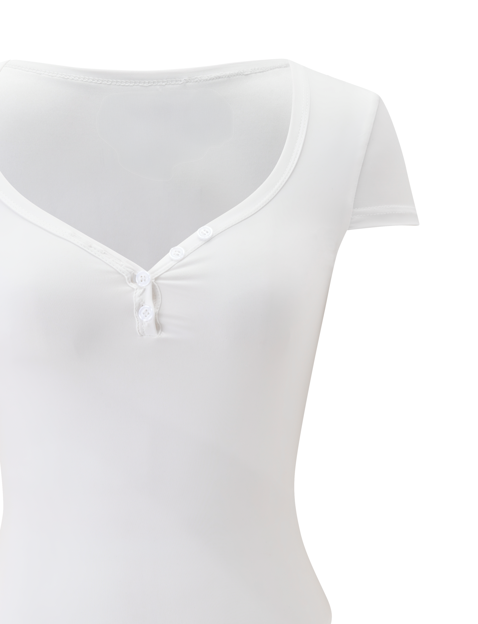 A close-up of the TIGERMIST JAXX BODYSUIT in white, showcasing short sleeves, a deep scoop neckline with three white buttons, displayed on a plain white background.