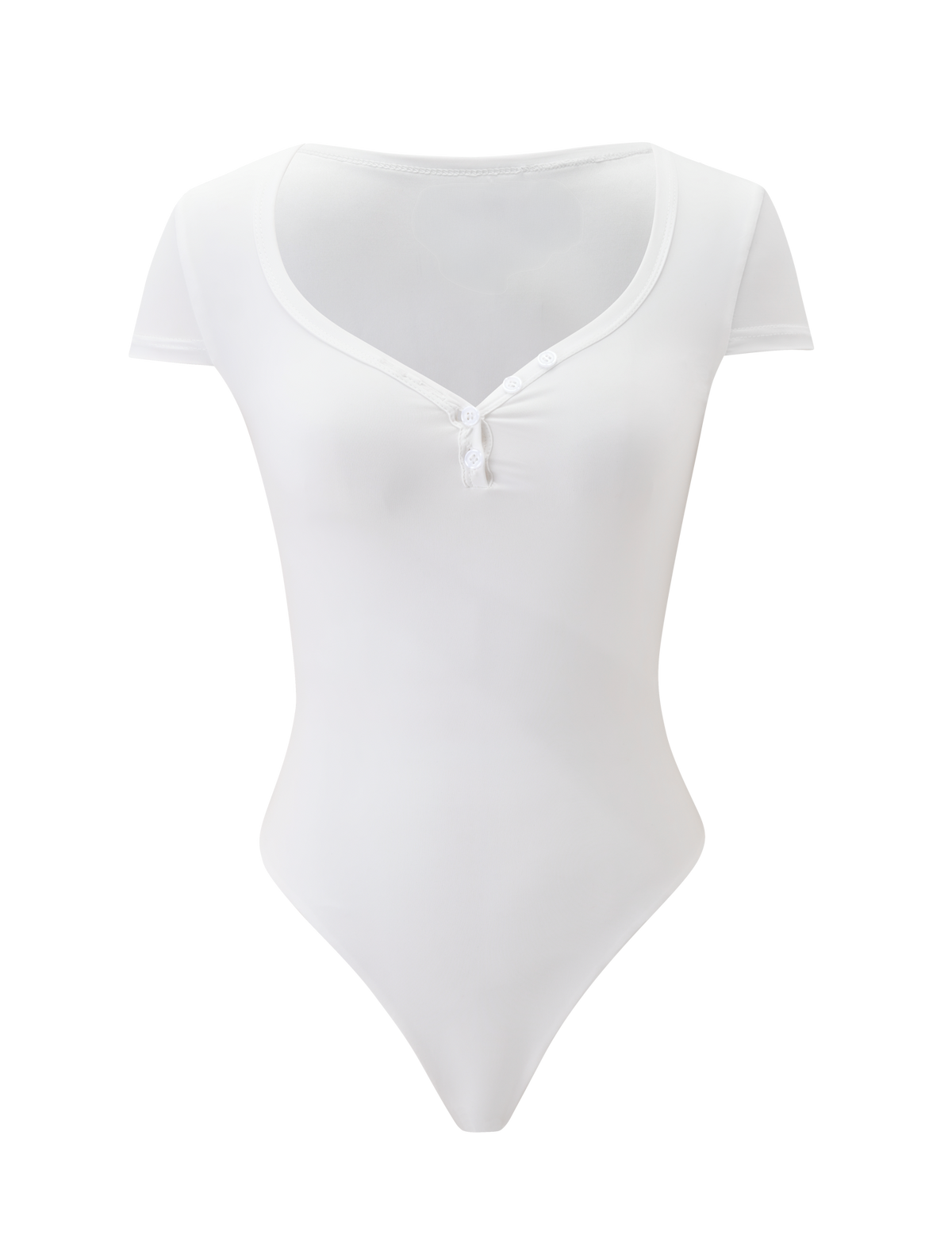 The JAXX BODYSUIT - WHITE by TIGERMIST features a deep scoop neckline, front buttons, small neck bow, short sleeves, and a thong-back design, shown on a plain white background.