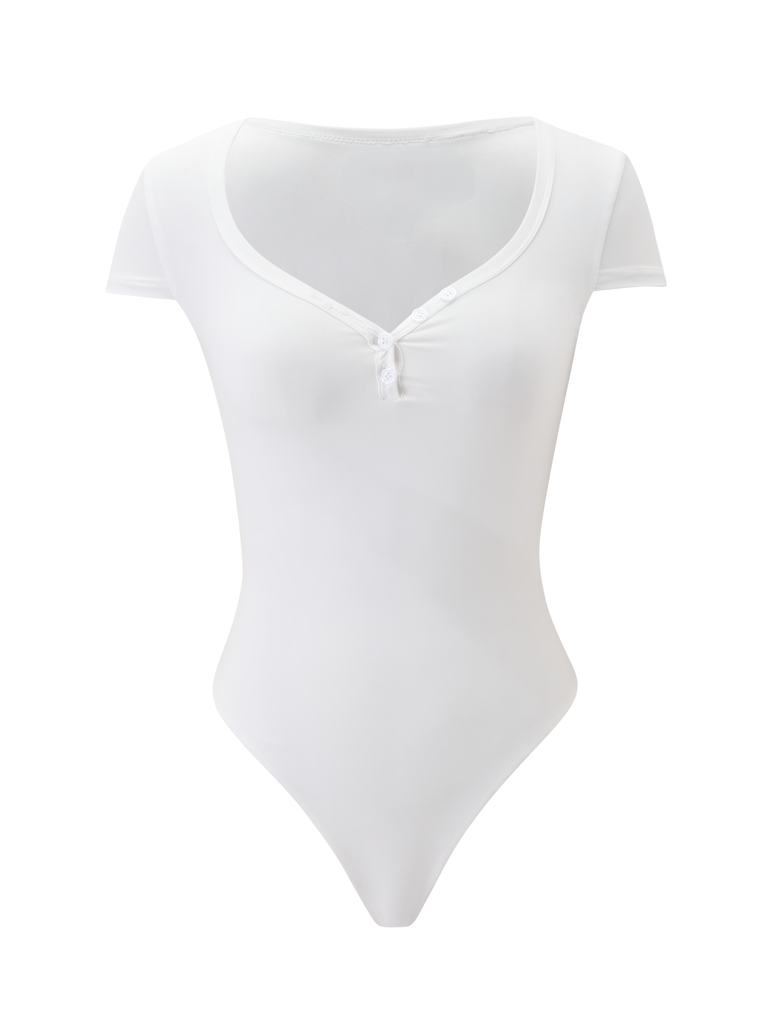 The JAXX BODYSUIT - WHITE by TIGERMIST features a deep scoop neckline, front buttons, small neck bow, short sleeves, and a thong-back design, shown on a plain white background.