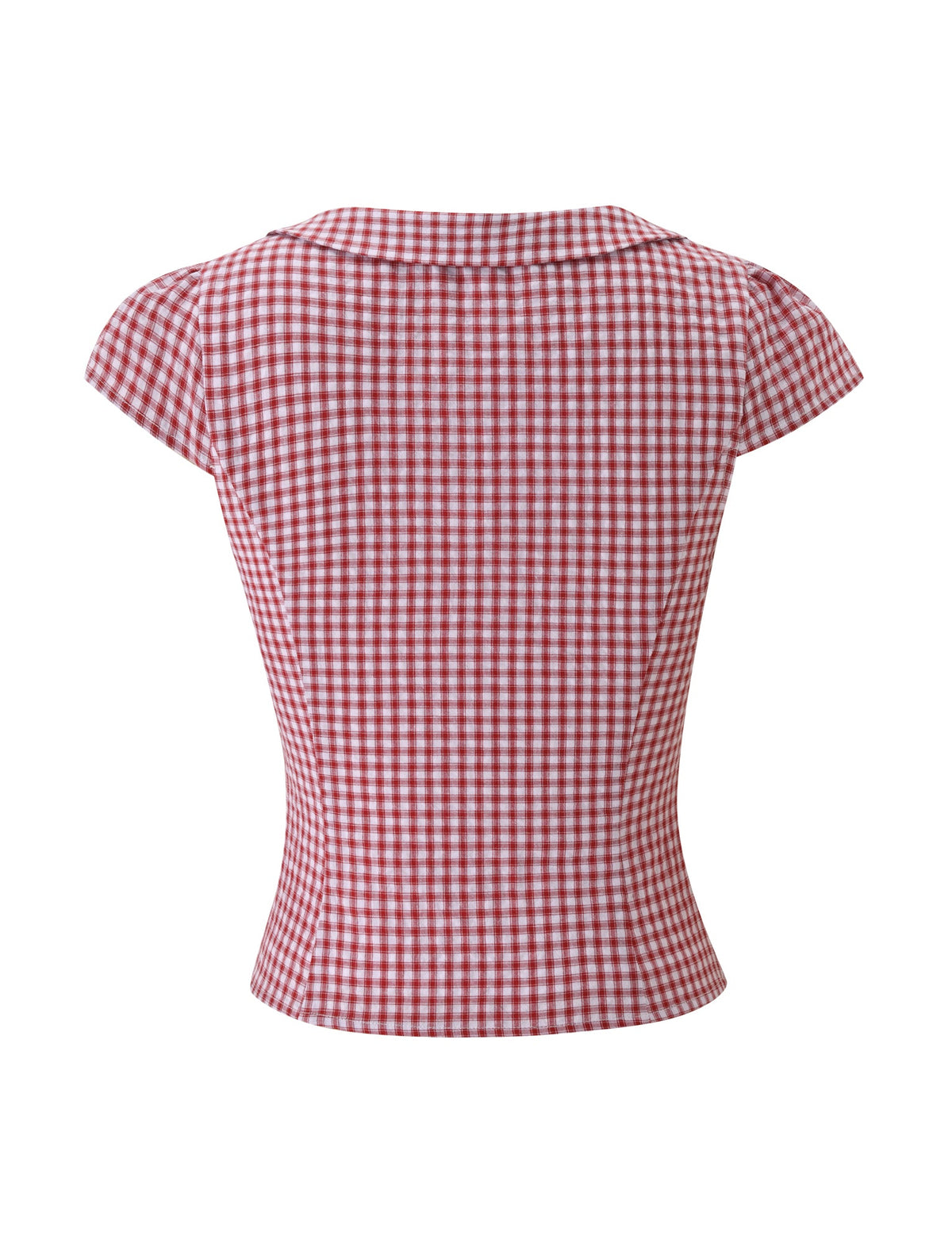 Back view of TIGERMIST's KENSIE TOP, a fitted women’s blouse with cap sleeves and a red gingham check pattern—perfect for summer picnics.
