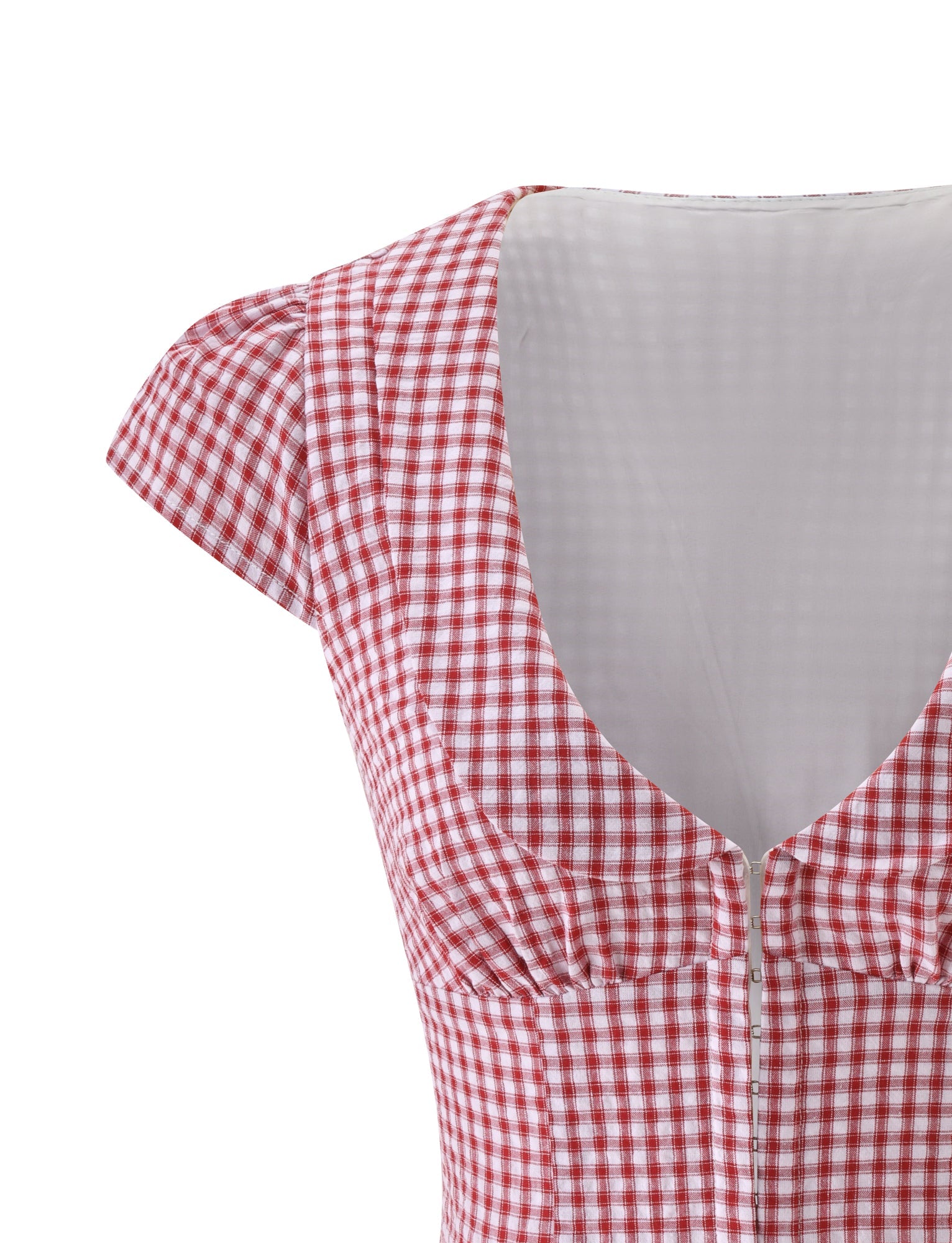 Close-up of the KENSIE TOP - RED GINGHAM by TIGERMIST, featuring a red and white gingham pattern, short sleeves, deep V-neckline, visible front buttons, and a fitted bodice—perfectly capturing the charm of a classic summer picnic top.