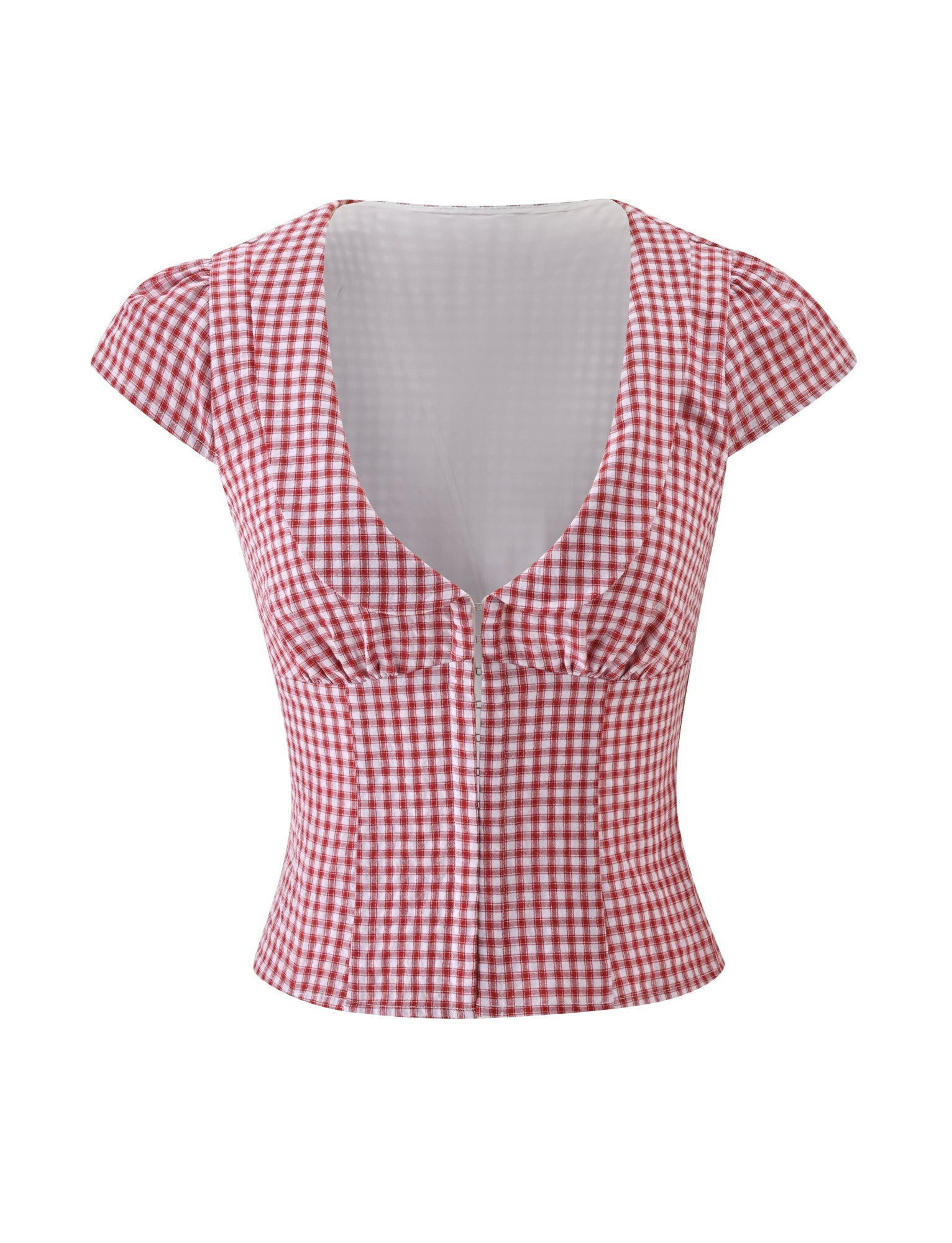 The KENSIE TOP - RED GINGHAM by TIGERMIST features a red and white gingham pattern, cropped length, short cap sleeves, a deep V-neckline, and a fitted waist—making it your classic go-to summer picnic top.