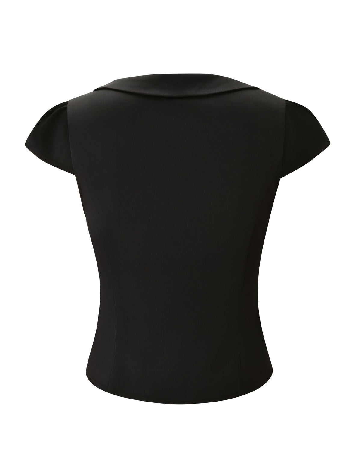 Back view of the black MAURA TOP - BLACK cap-sleeve top with princess seams and a collar.
