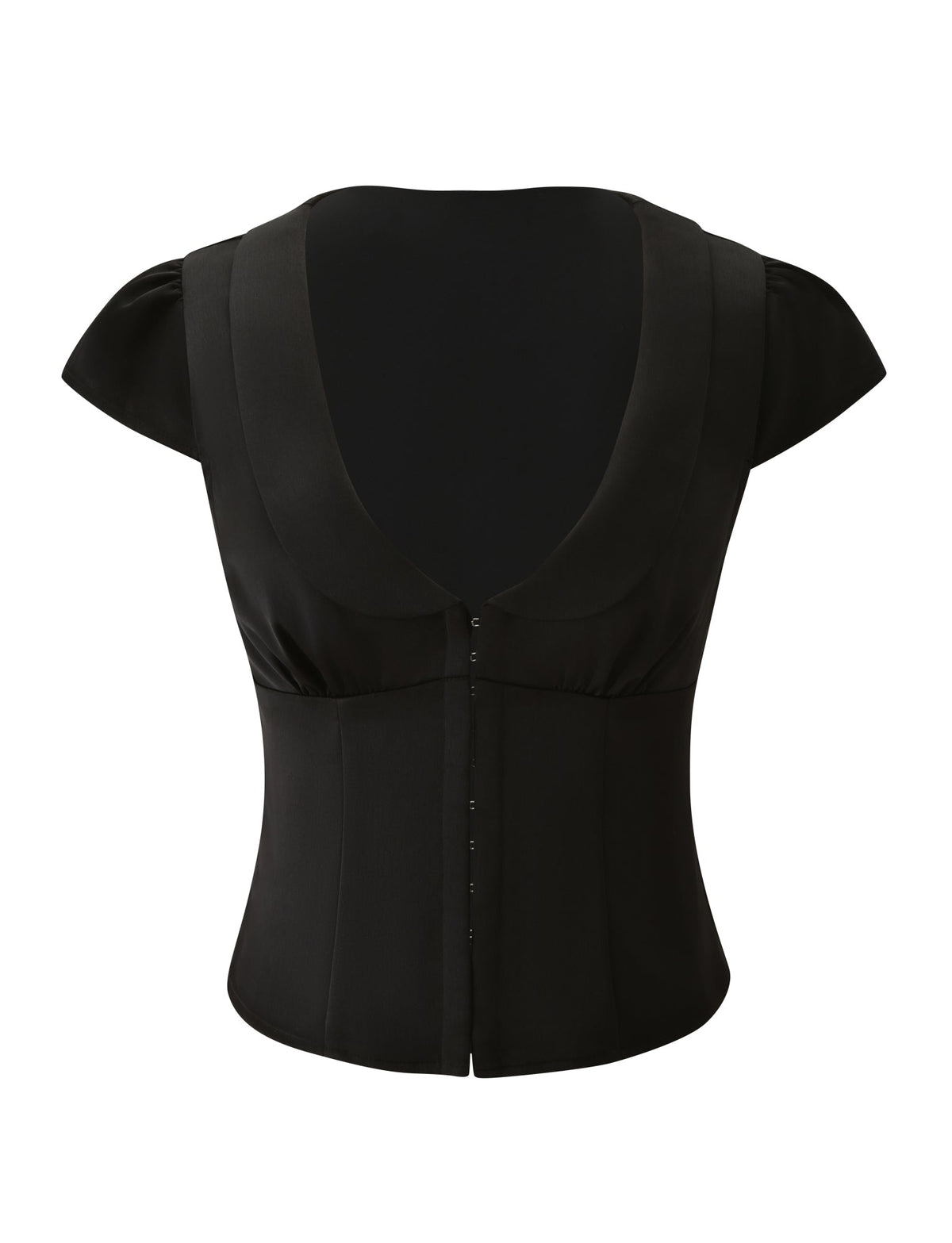 MAURA TOP - BLACK cap-sleeve top featuring a deep scooped neckline, wide collar, front hook-and-eye closures, and princess seams.