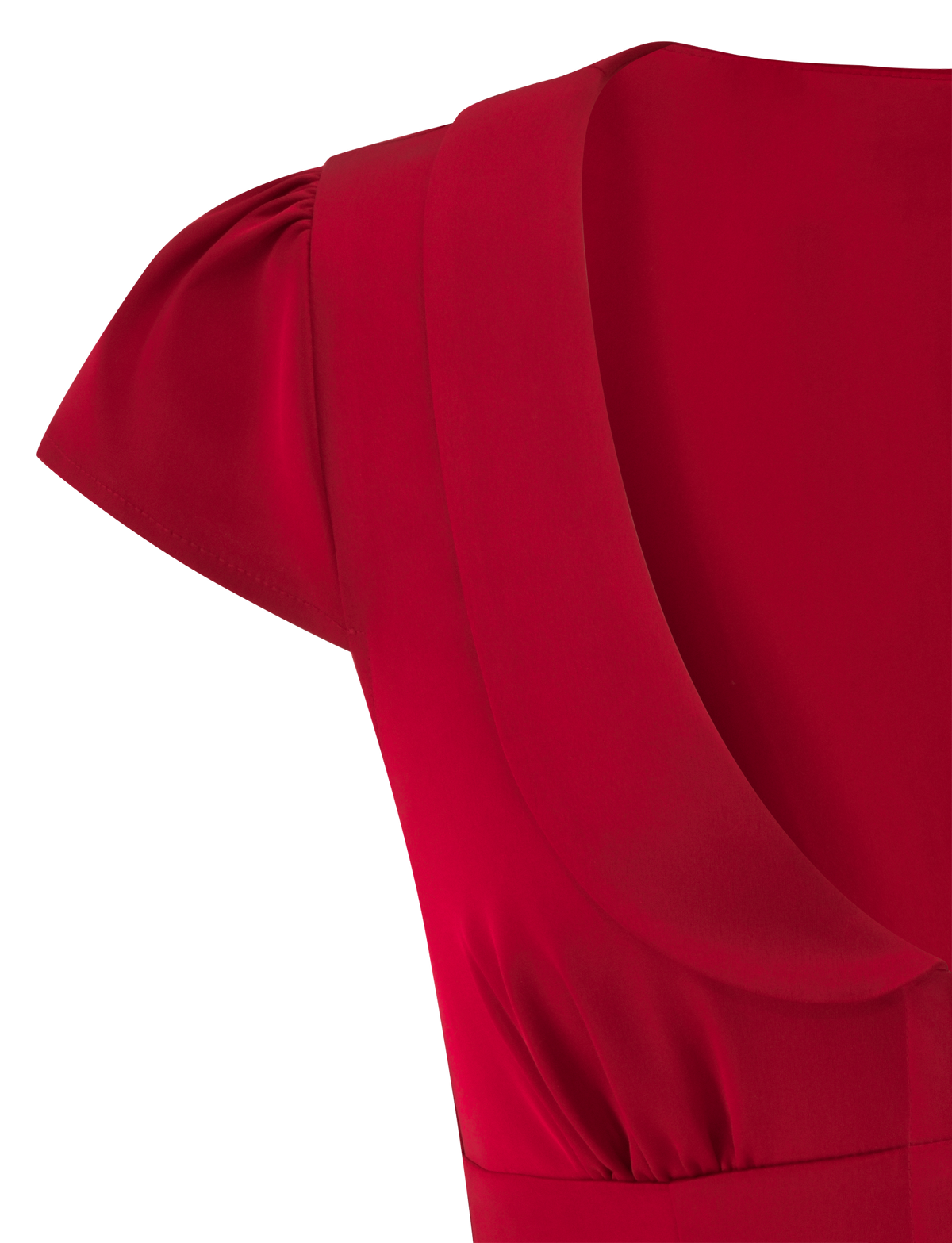MAURA TOP - CHERRY in cherry red with a Peter Pan collar, short sleeves, and pleated shoulders.