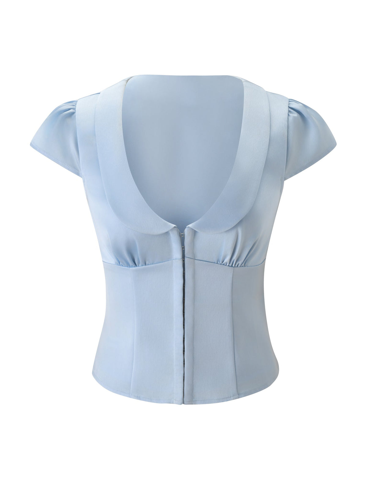 The MAURA TOP - SKY by TIGERMIST features a light sky blue satin finish, cap sleeves, deep V-neck, fitted waist, front seam detail, and subtle princess seams for an elegant look.