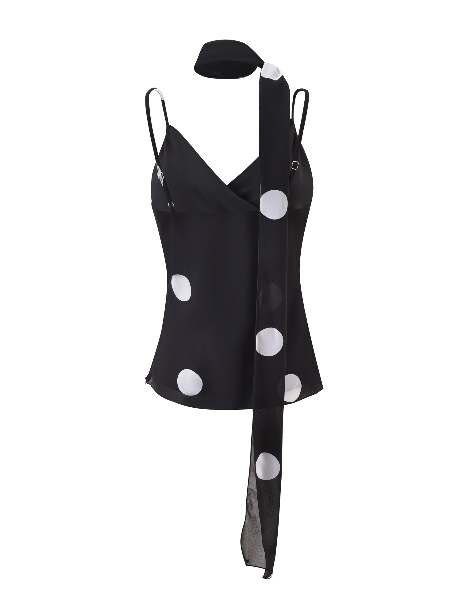 The AYDIN SCARF TOP - BLACK by TIGERMIST is a black and white polka dot sleeveless camisole with thin adjustable straps, paired with a matching long sheer scarf draped around the neck.