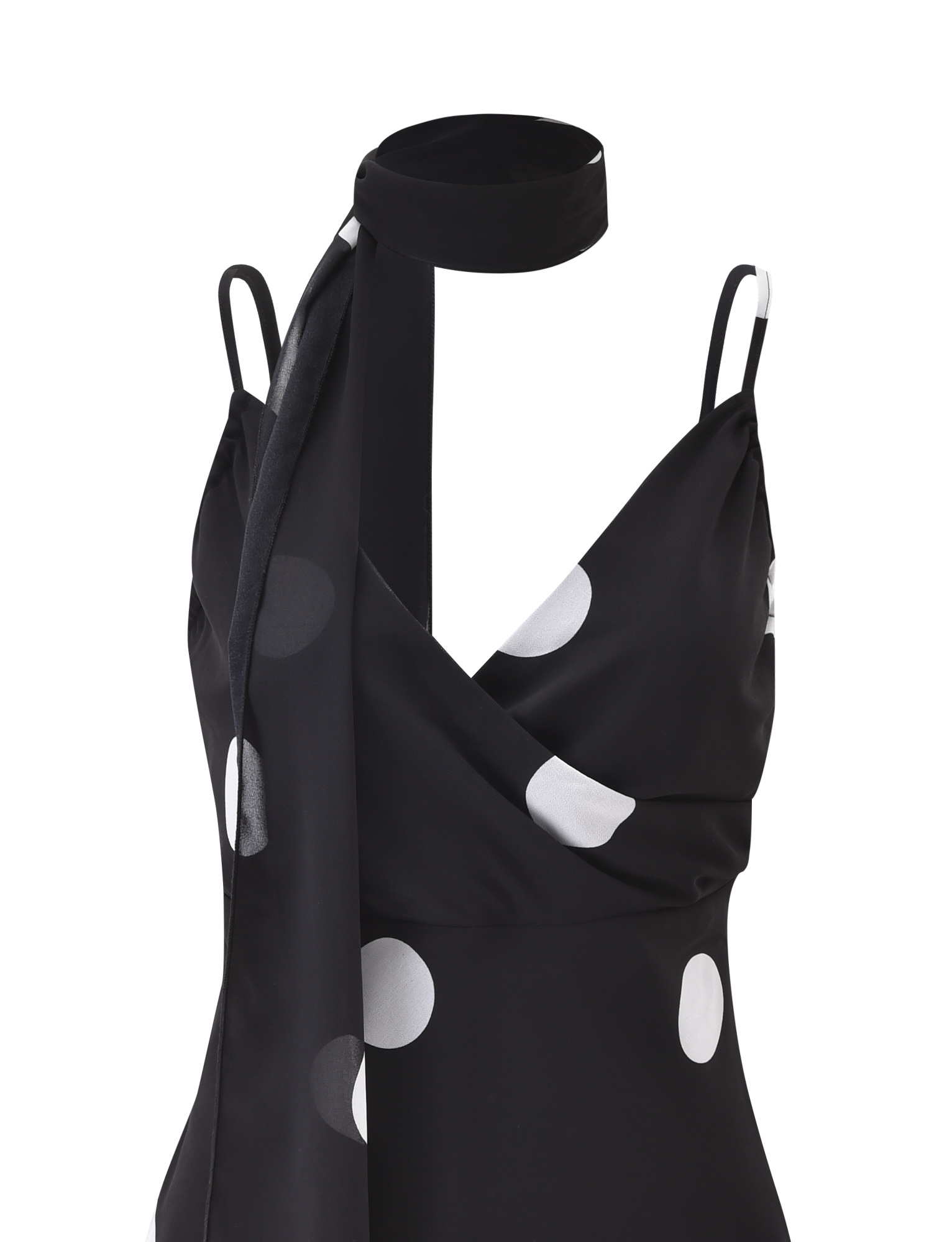The TIGERMIST AYDIN SCARF TOP - BLACK is a sleeveless black and white polka dot chiffon cami with adjustable straps, a V-neckline, and a coordinating polka dot scarf detail.
