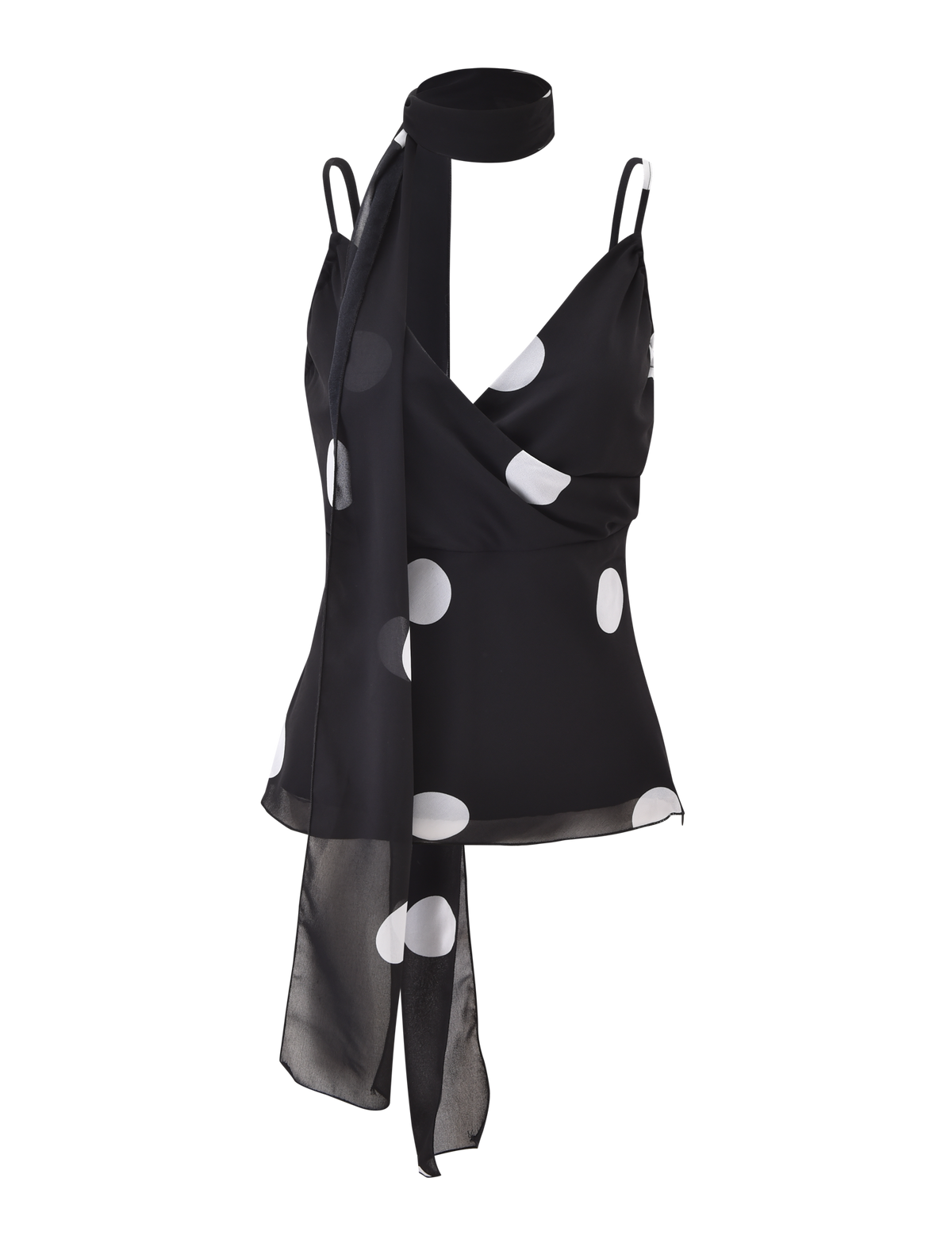 The AYDIN SCARF TOP - BLACK by TIGERMIST is a chiffon triangle cami wrap top with adjustable thin straps, a black and white polka dot print, and an attached matching long scarf draping from the neckline.