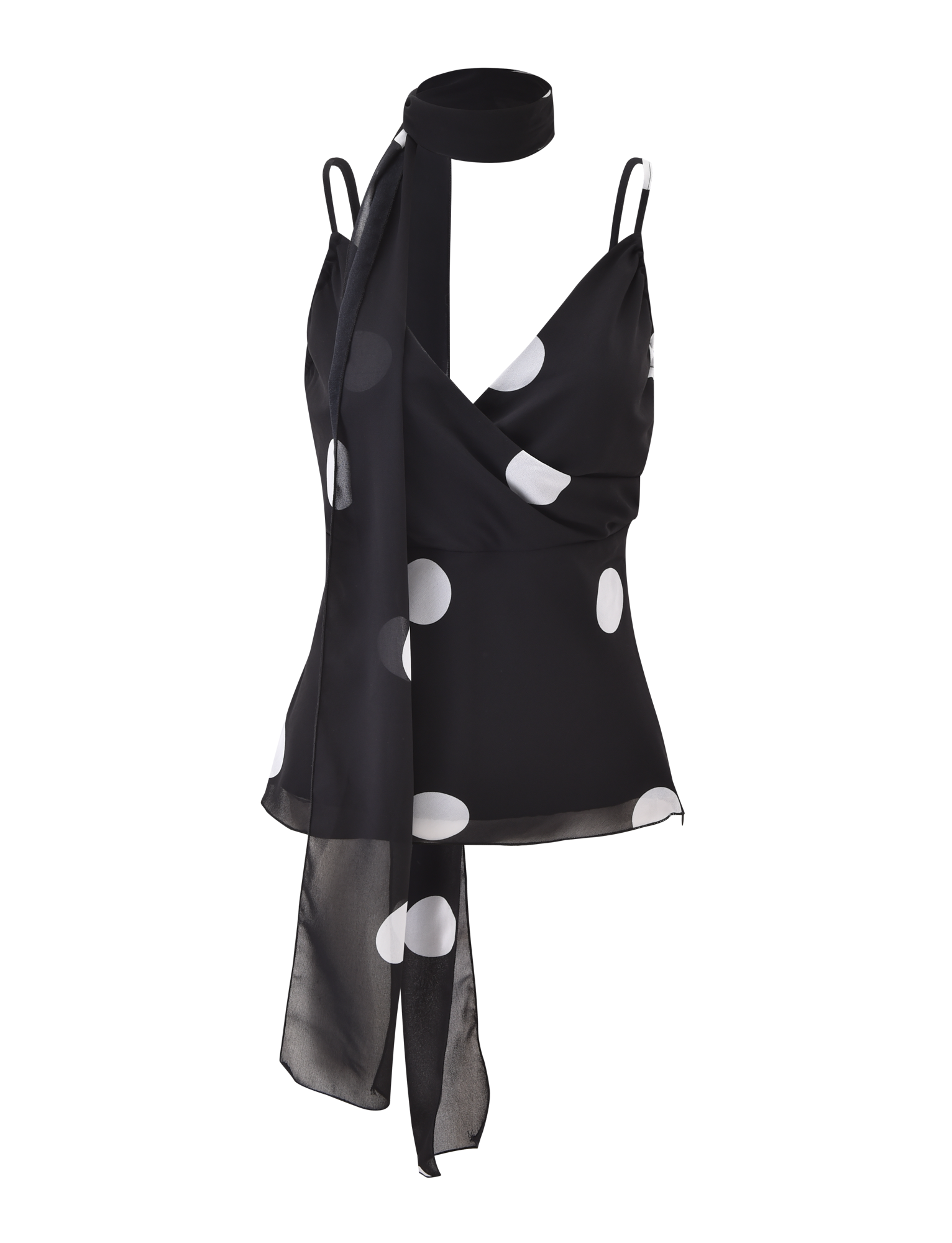 The AYDIN SCARF TOP - BLACK by TIGERMIST is a chiffon triangle cami wrap top with adjustable thin straps, a black and white polka dot print, and an attached matching long scarf draping from the neckline.