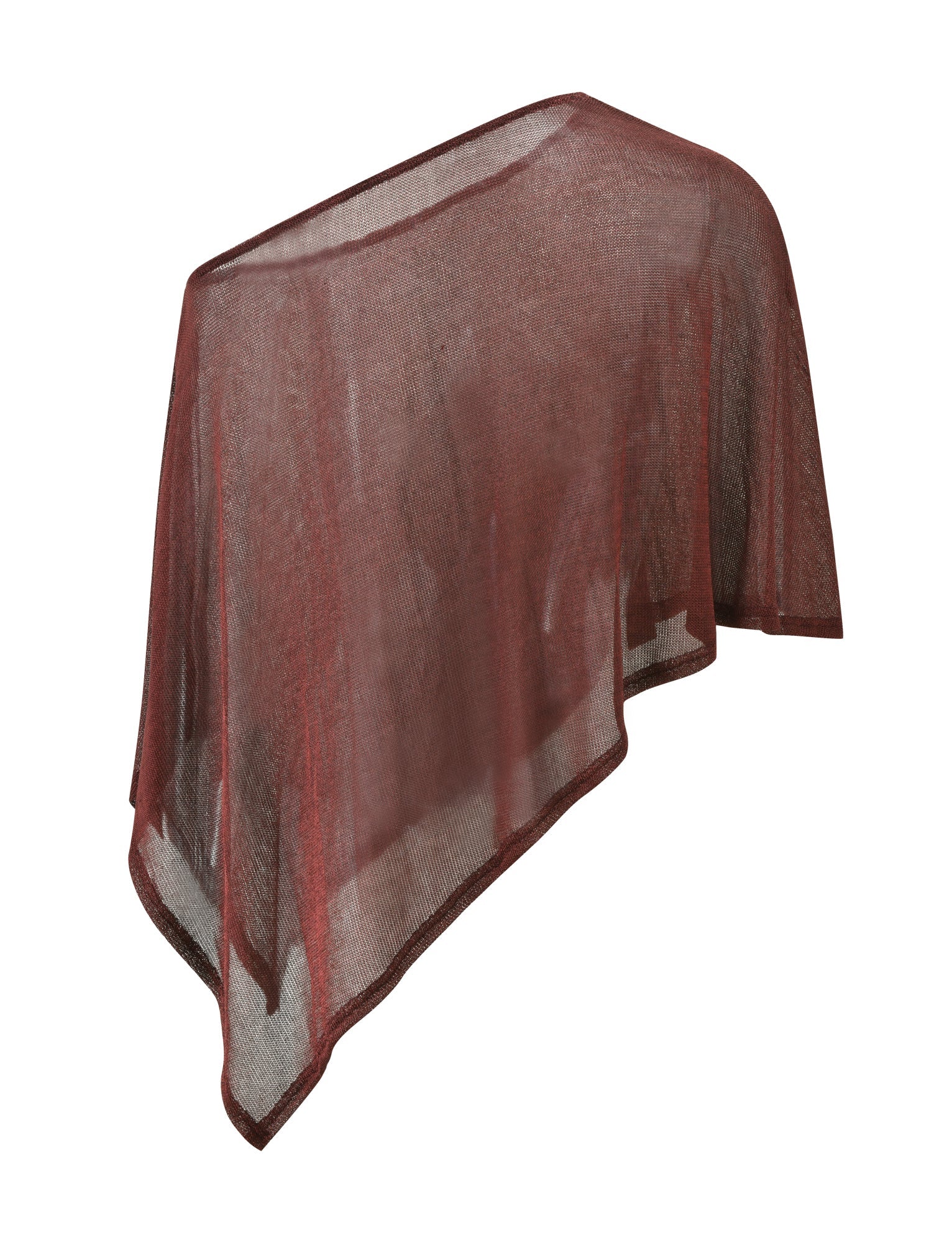 Lightweight and sheer RAFAELA PONCHO TOP in chocolate by TIGERMIST, showcased on an invisible mannequin with an asymmetrical, off-shoulder hem and translucent fabric, set against a white background.