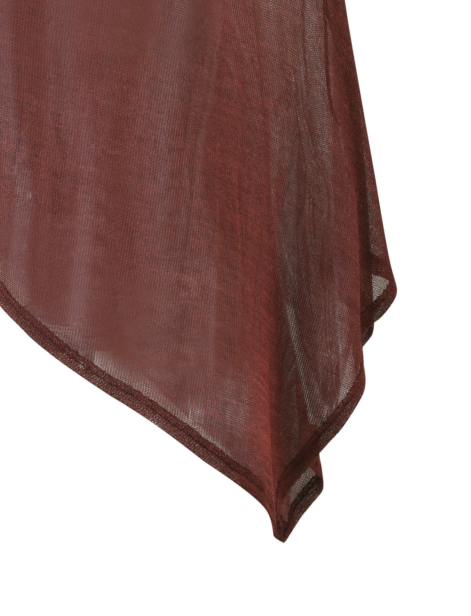A close-up of the TIGERMIST RAFAELA PONCHO TOP in chocolate, showcasing its sheer, reddish-brown fabric, asymmetrical design with a pointed hem, and draped, slightly folded details against a white background.