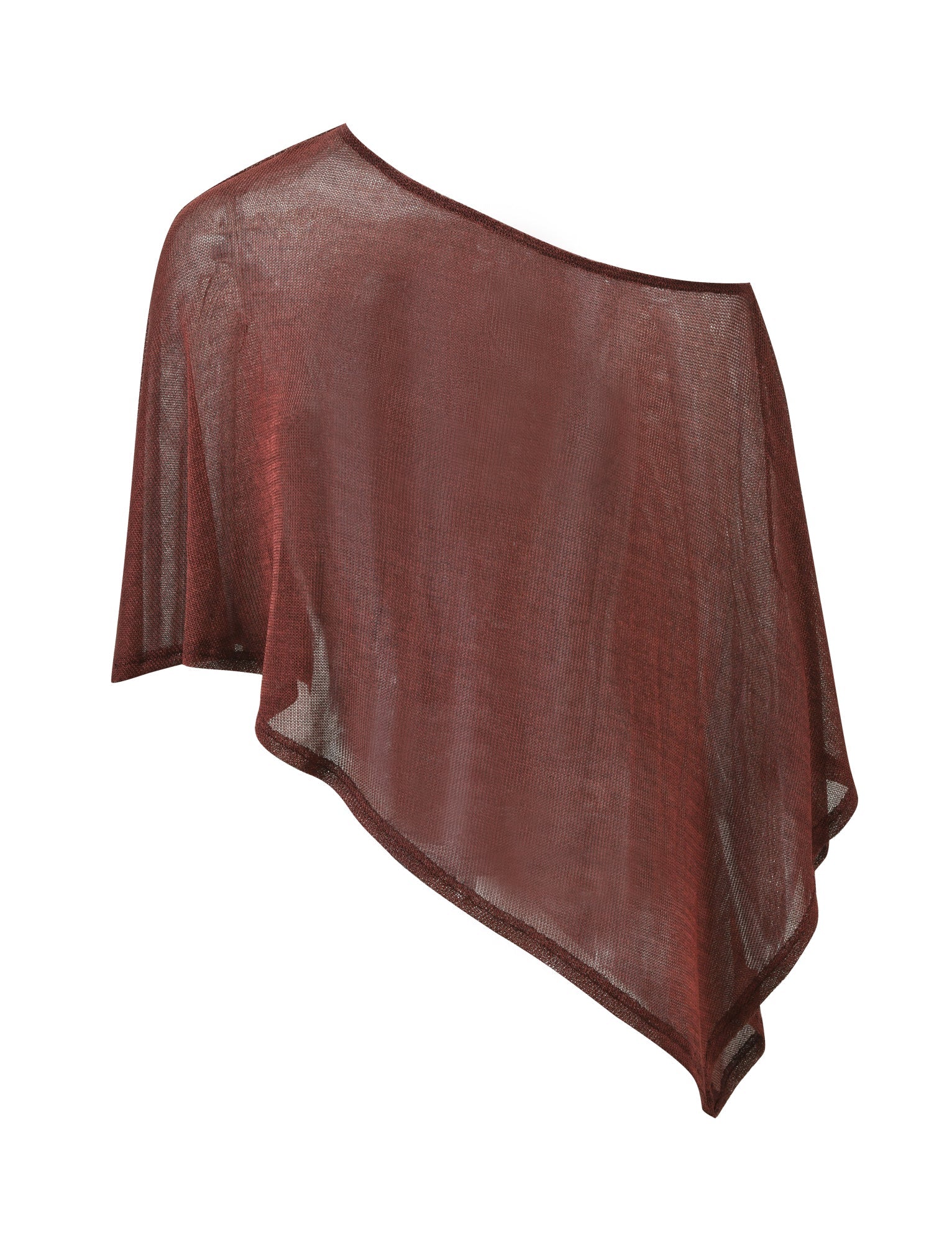 Make a statement in the RAFAELA PONCHO TOP - CHOCOLATE by TIGERMIST, a sheer, metallic brown poncho-style top featuring one exposed shoulder and soft, flowing fabric that drapes diagonally for a bold asymmetrical silhouette.