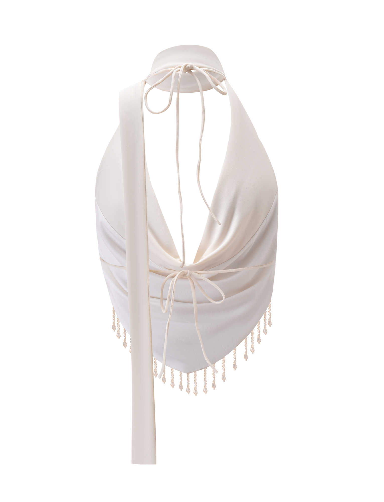 The AUBRIELLA TASSLE TOP by TIGERMIST is a cream cowl halter neck top with long neck ties, an open back, tie waist, and beaded tassel fringe along the handkerchief hem.