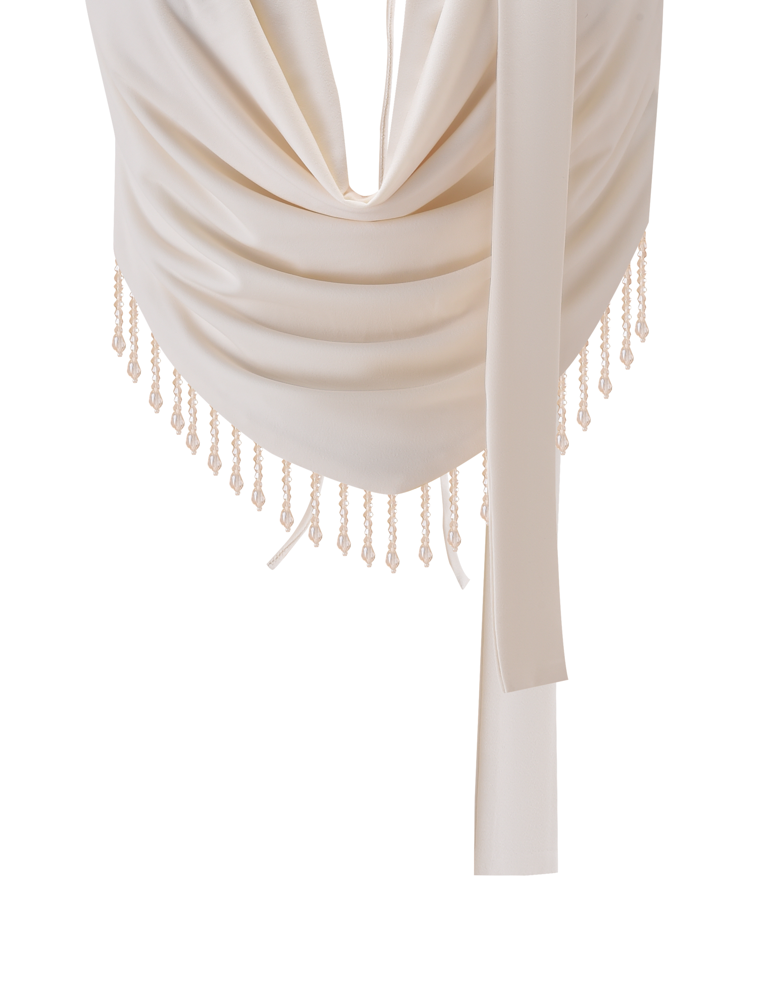 A close-up of the TIGERMIST AUBRIELLA TASSLE TOP in cream, featuring smooth, elegant fabric draped with beaded fringe edges and two long ends hanging on the right side, displayed against a plain white background.